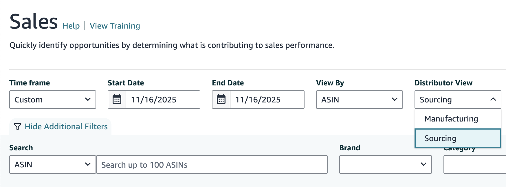 Screenshot of the Sales dashboard in Amazon Vendor Central Retail Analytics reporting