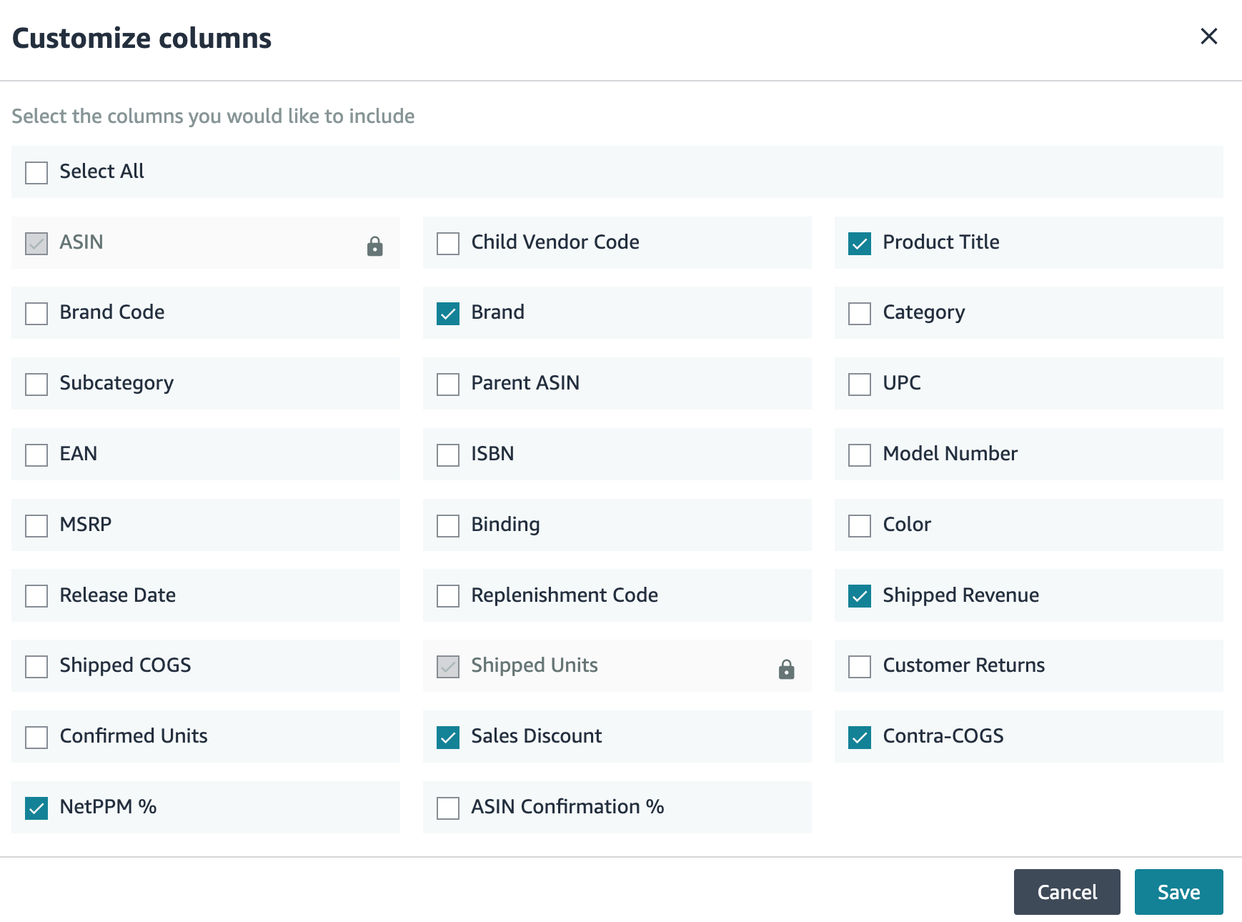 Screenshot of optional columns for the Sales report in Amazon Vendor Central Retail Analytics reporting