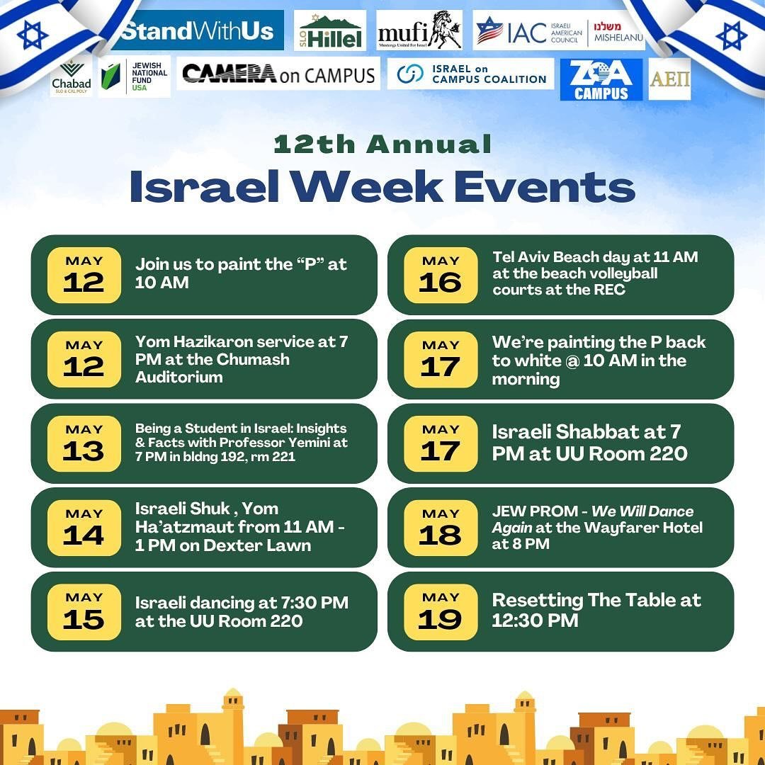 Get excited for our 12th Annual ISRAEL WEEK!!! 🇮🇱 Check out this list of events we have for you. Israel week will be from May 12 - May 19! Mark your calendars 🗓️ Sign up for the events you would like to attend using the link in our bio 🔗
