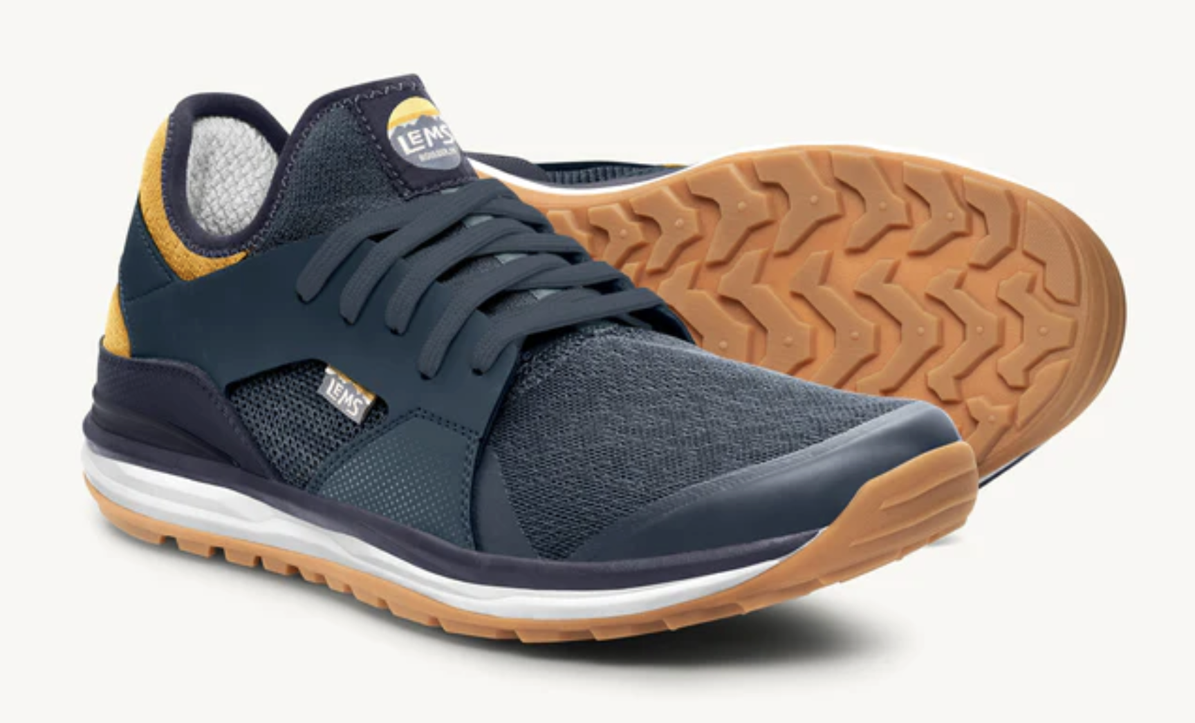 Lems Mesa Coastal blue shoe gold details