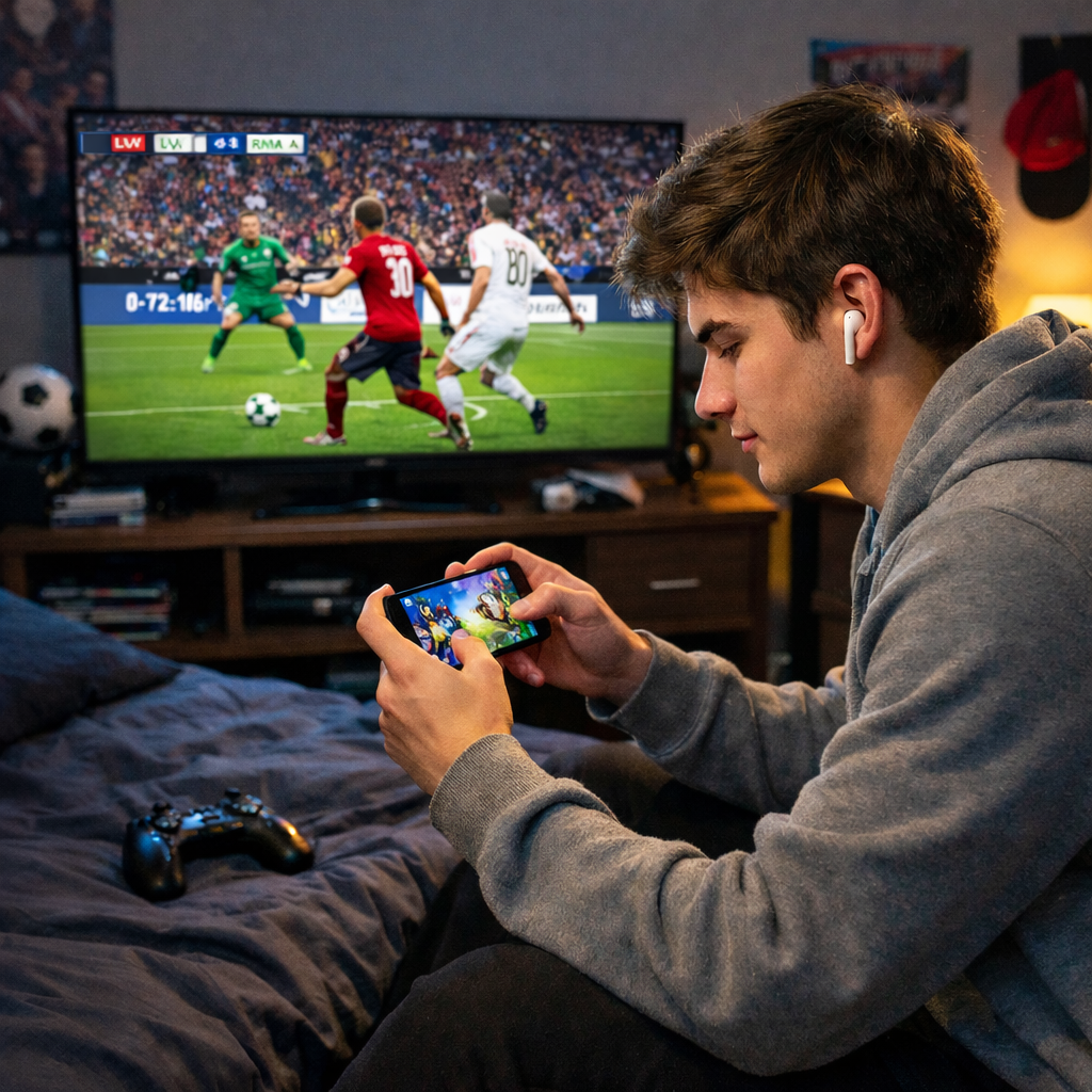 Young man watching a soccer match on TV while playing a video game on his phone in his bedroom.