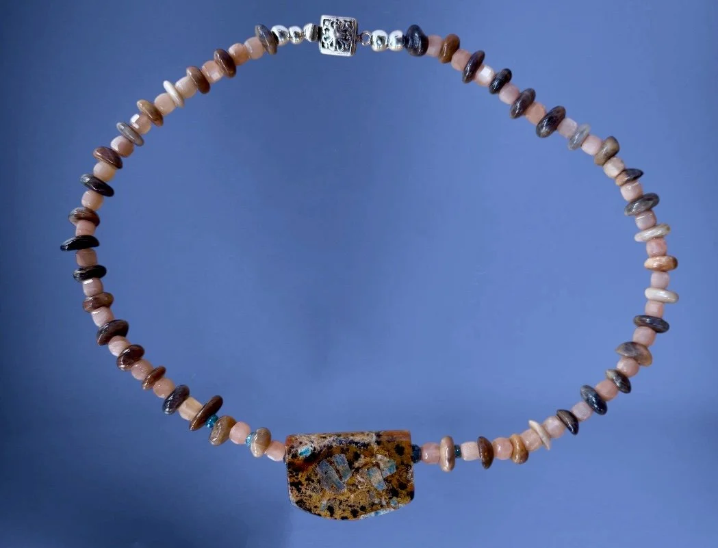 Brown Sunstone, Peach Moonstone Beaded Necklace with Natural Apatite and Brown Opal Saddle Pendant