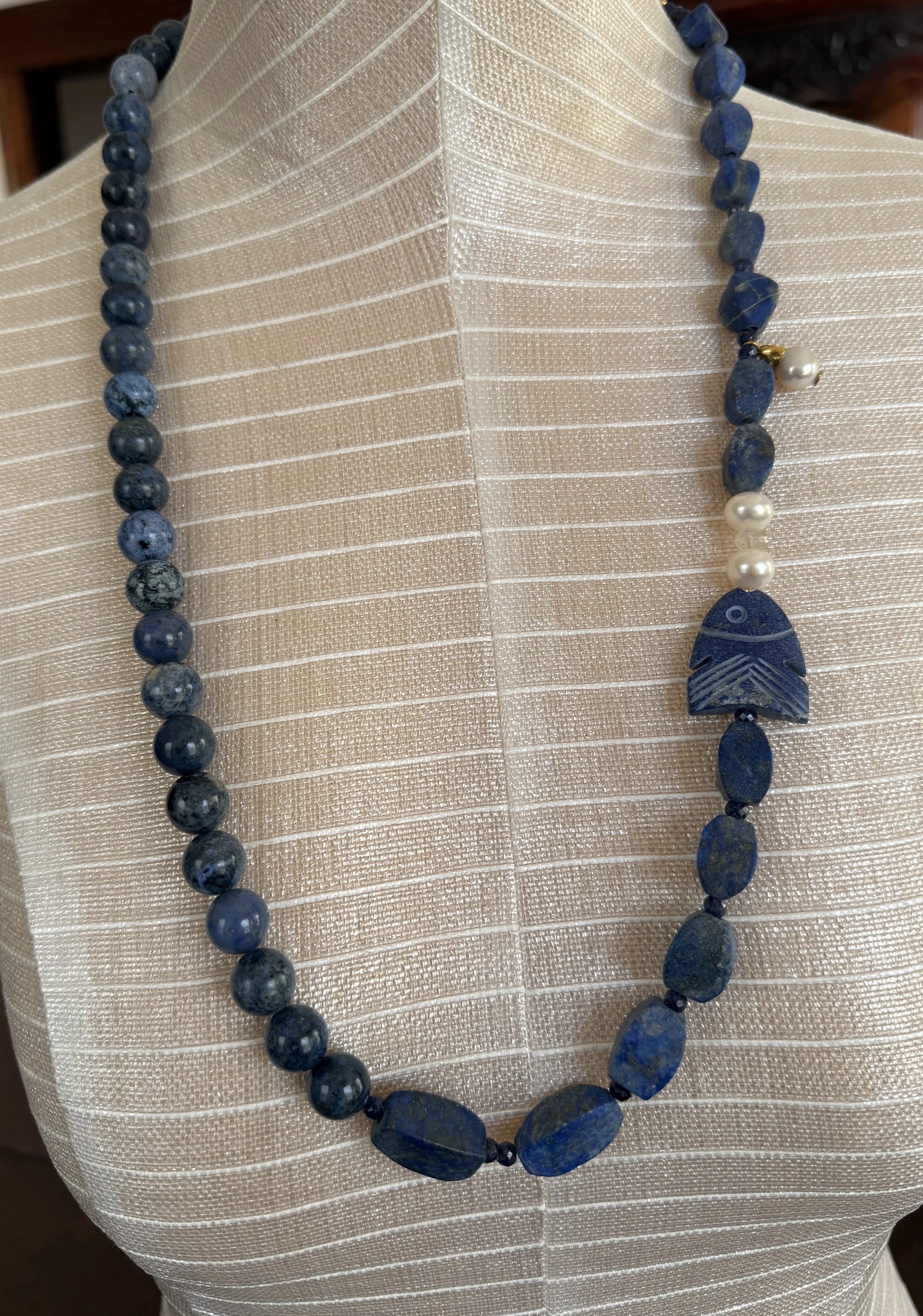 Lapis, Dumortierite, Sapphire and Pearl Beaded Necklace
