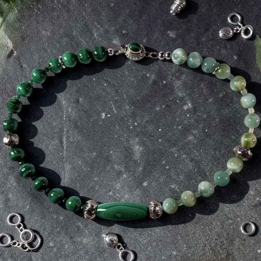 Malachite, Green Angelite, Aquamarine and Sterling Beaded Necklace
