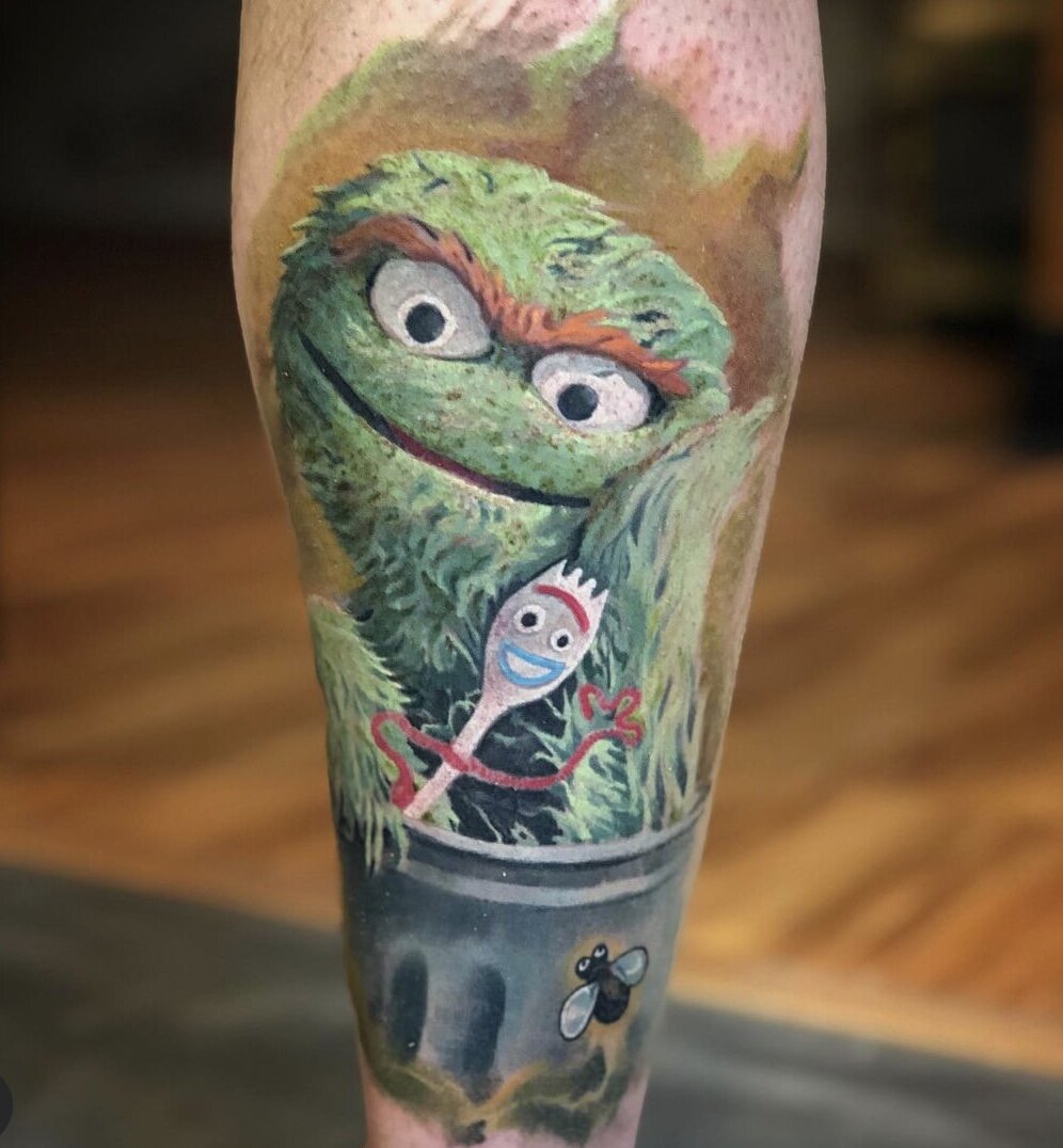 Abziehtattoo Mr Snuffleupagus Oscar the Grouch Cookie Monster watercolor  popsicle ink arm tattoo png  PNGWing