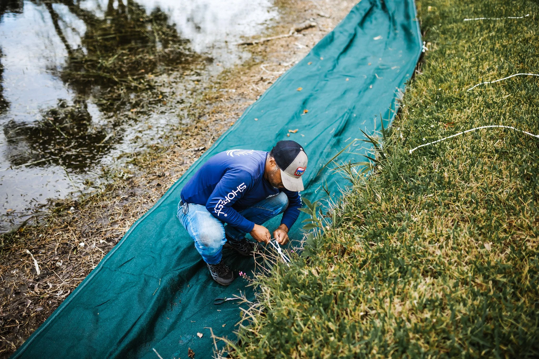 A person kneeling on a green tarp near water, planting or repairing a section of a white plastic barrier along the edge of a pond or small lake.