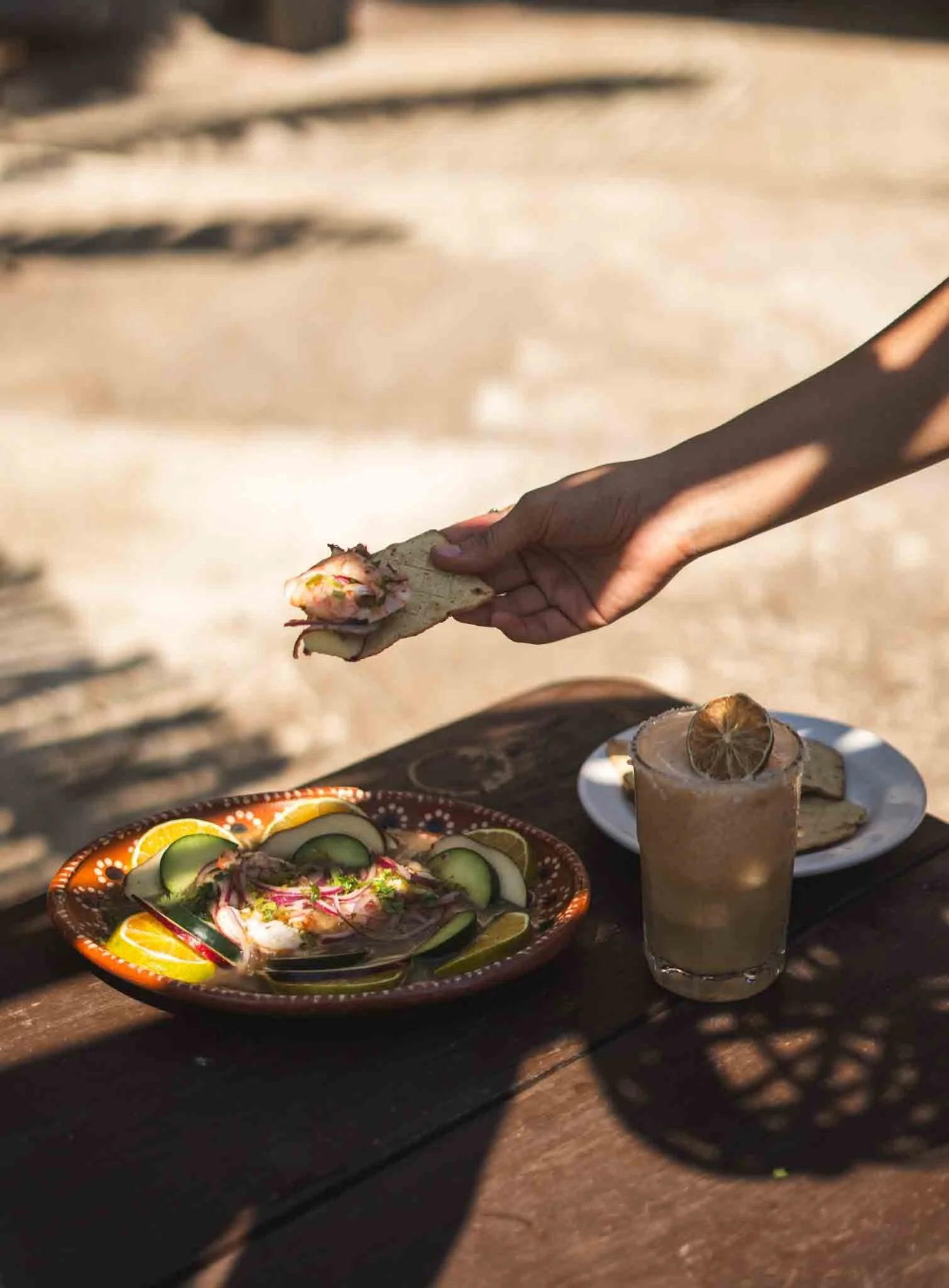 ceviche mexicano en la playa, baxar hotel pie de la cuesta acapulco