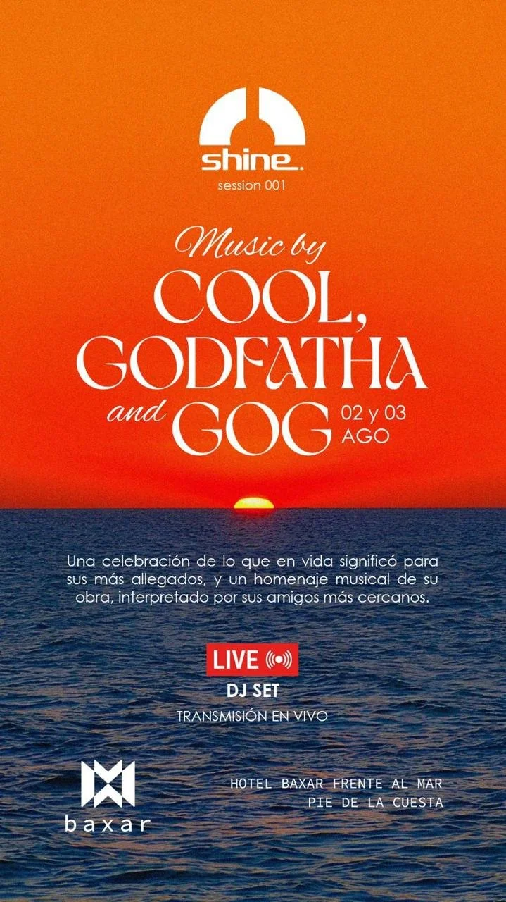Cartel promocional de un evento musical titulado 'Music by Cool, Godfatha and GOG', con enlace en vivo, realizado en el Hotel Baxar frente al mar, por la noche, con un atardecer en el fondo del mar.