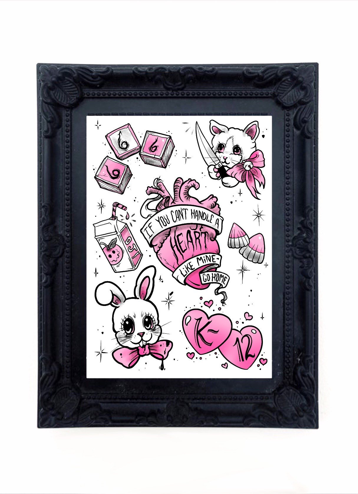 Play Time Blackwork Tattoo Flash Art Print pastel goth creepy cute yami  kawaii  Lois Goody