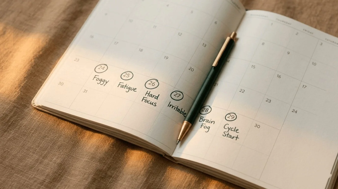 Calendar with cycle-phase symptom notes, illustrating ADHD and menstrual cycle hormonal patterns