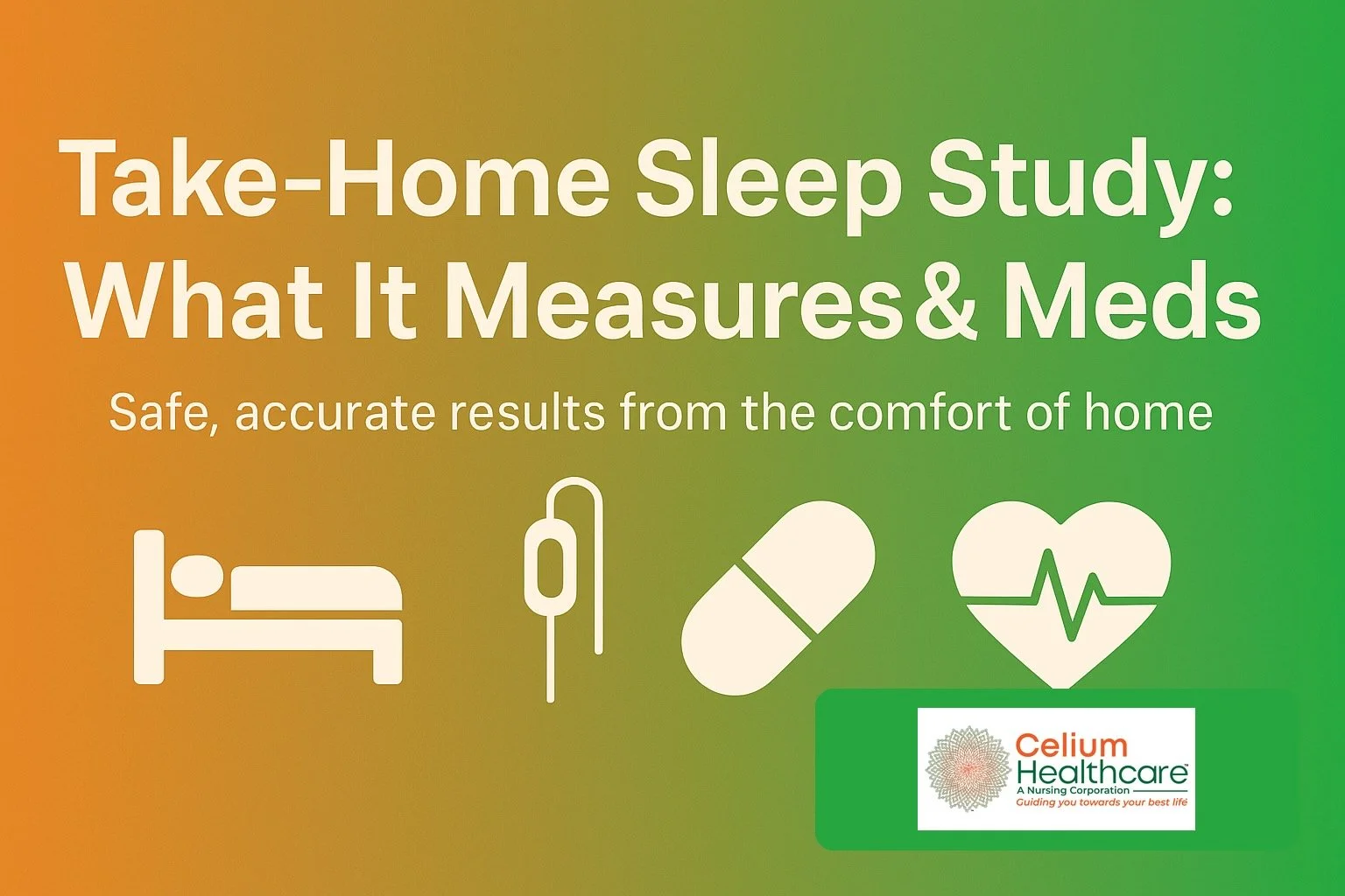Landscape infographic in orange and green with the title ‘Take-Home Sleep Study: What It Measures & Meds,’ icons of a bed, oxygen probe, pill, and heart monitor, styled in Celium Healthcare brand colors.