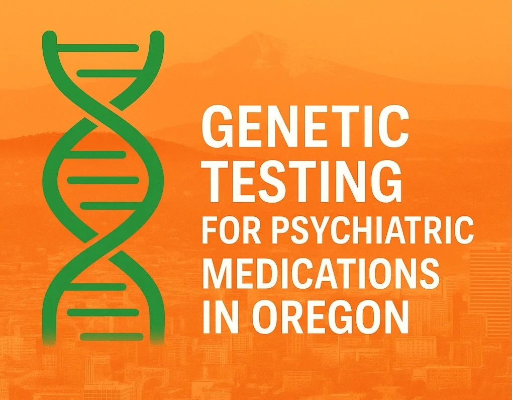 Genesight testing - Stylized DNA helix over the Portland city skyline in orange and green branding. Text overlay: Genetic Testing for Psychiatric Medications in Oregon