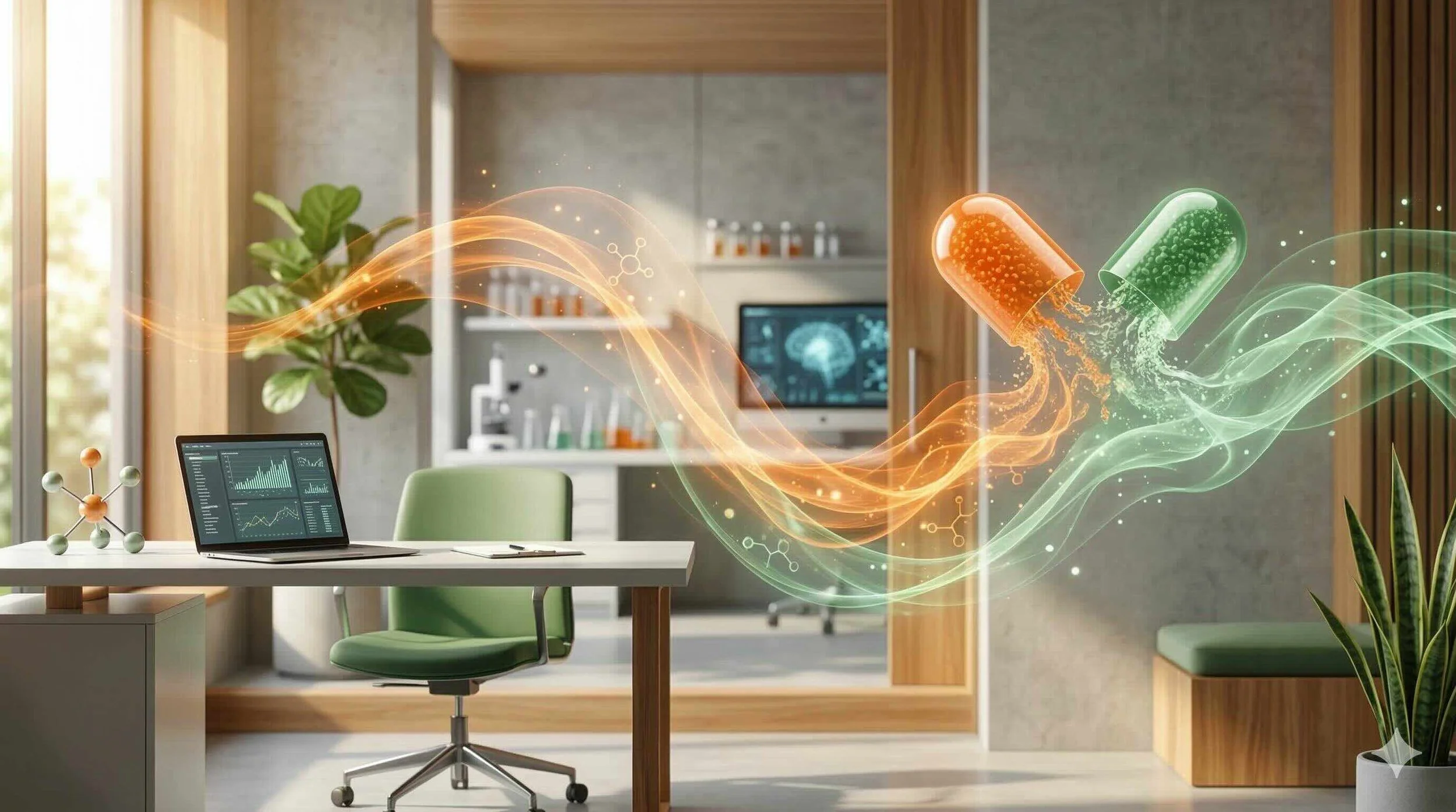 A glowing capsule dissolving into green and orange energy waves, representing the digestion process for a Vyvanse prescription Portland adults use for ADHD management.