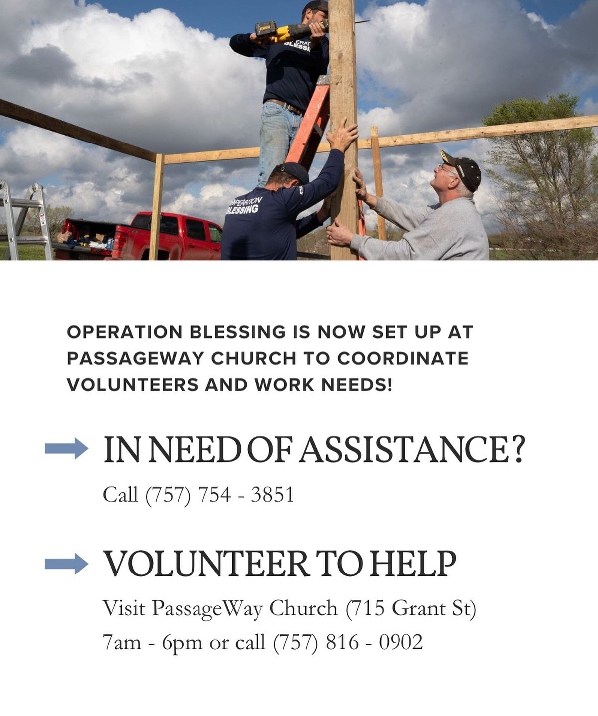 Know anyone needing assistance after last week&rsquo;s storm? Operation Blessing is now coordinating volunteers and work orders at PassageWay Church. If you would like to volunteer or want to pass along this information to anyone who needs it, Operat