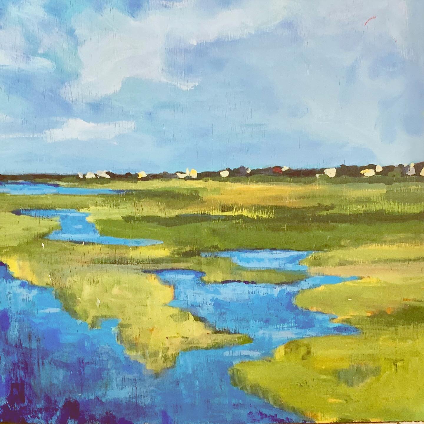 An old landscape from the spring.  I like painting on these boards!  North Shore Marsh.  12x12 acrylic on wood board.  #acrylicpainting #acrylic #landscapeart #landscapes #sowaboston