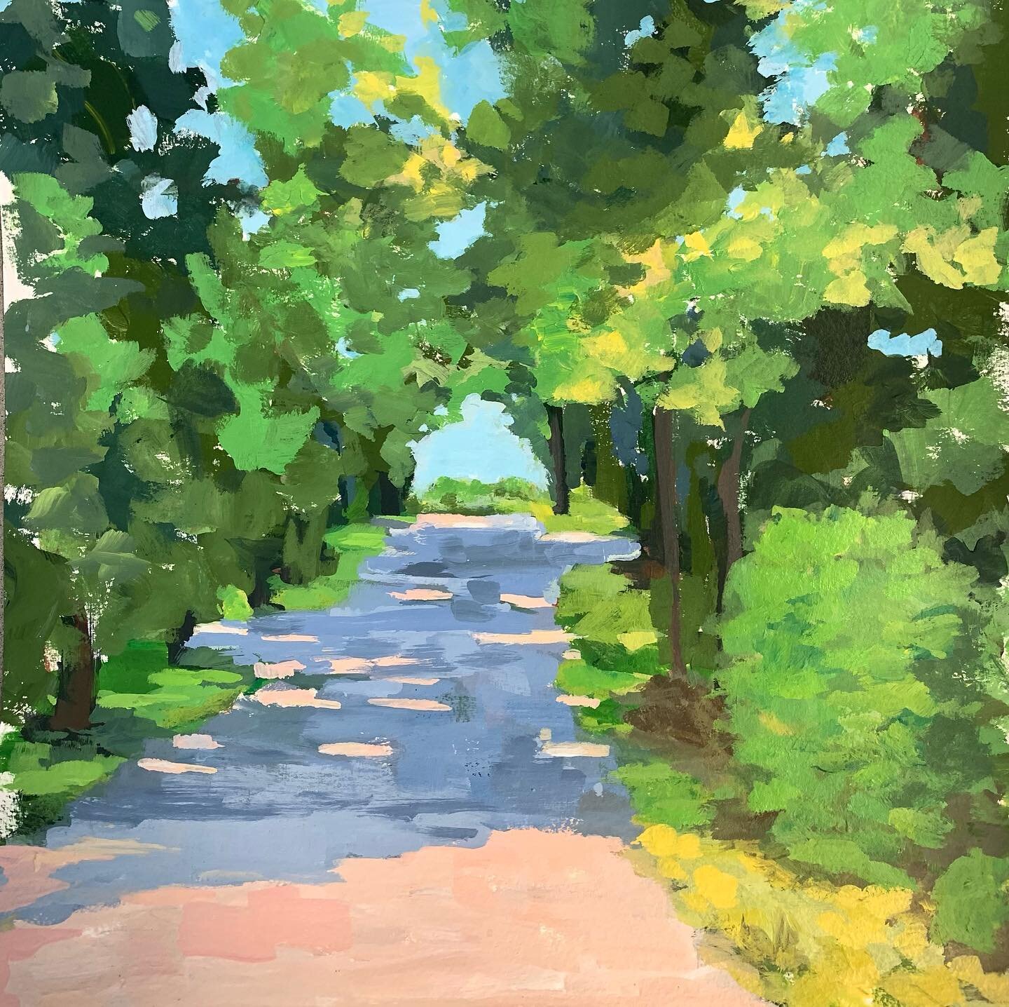 View down Kane Lane. Practicing quick and loose.  12x12 on watercolor paper.  #acryliconpaper #acryliclandscapes #favoriteviews #sowaboston #greenery #dirtroad