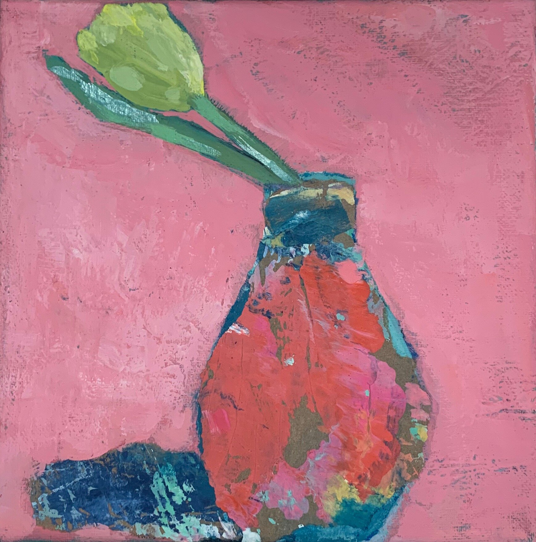 "Rosy Vase", 12" x 12" acrylic and collage on 3/4" canvas.  In antique gold floating frame.  13"x13" framed