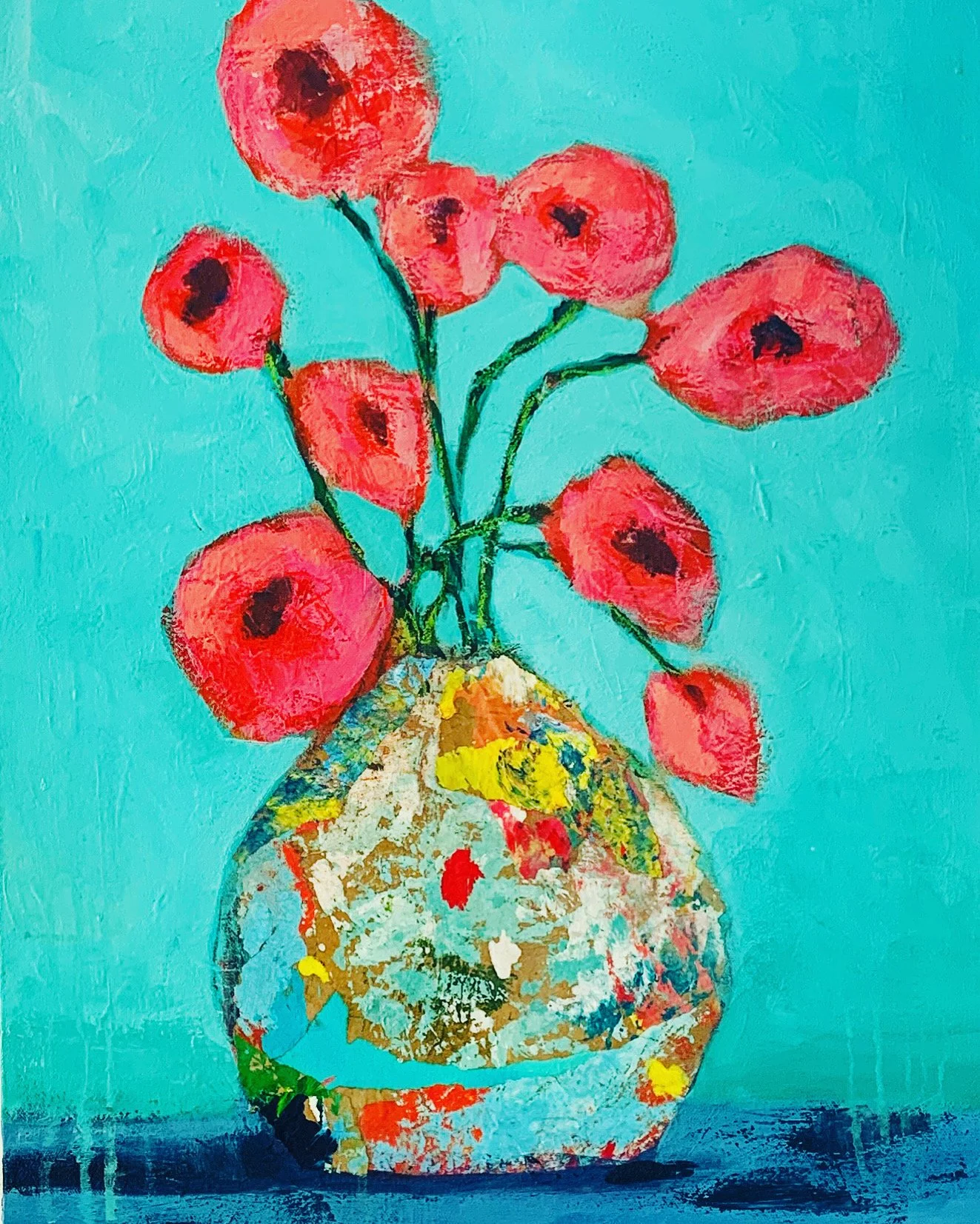 "Colored Vase with Poppies",  Acrylic and mixed media on .75" canvas