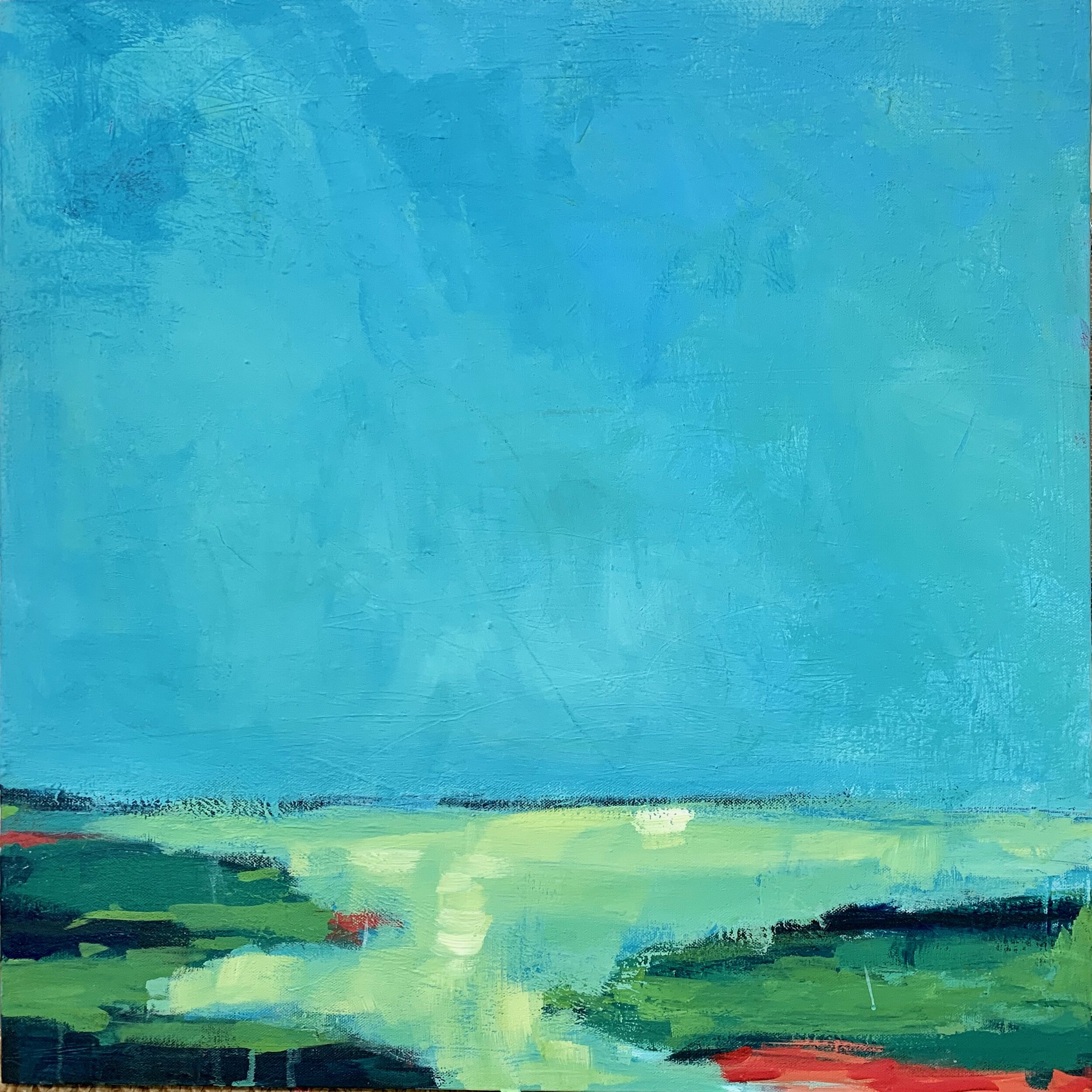 "Morning Marsh" acrylic and pastel, 24"x24" framed in floating antique gold frame