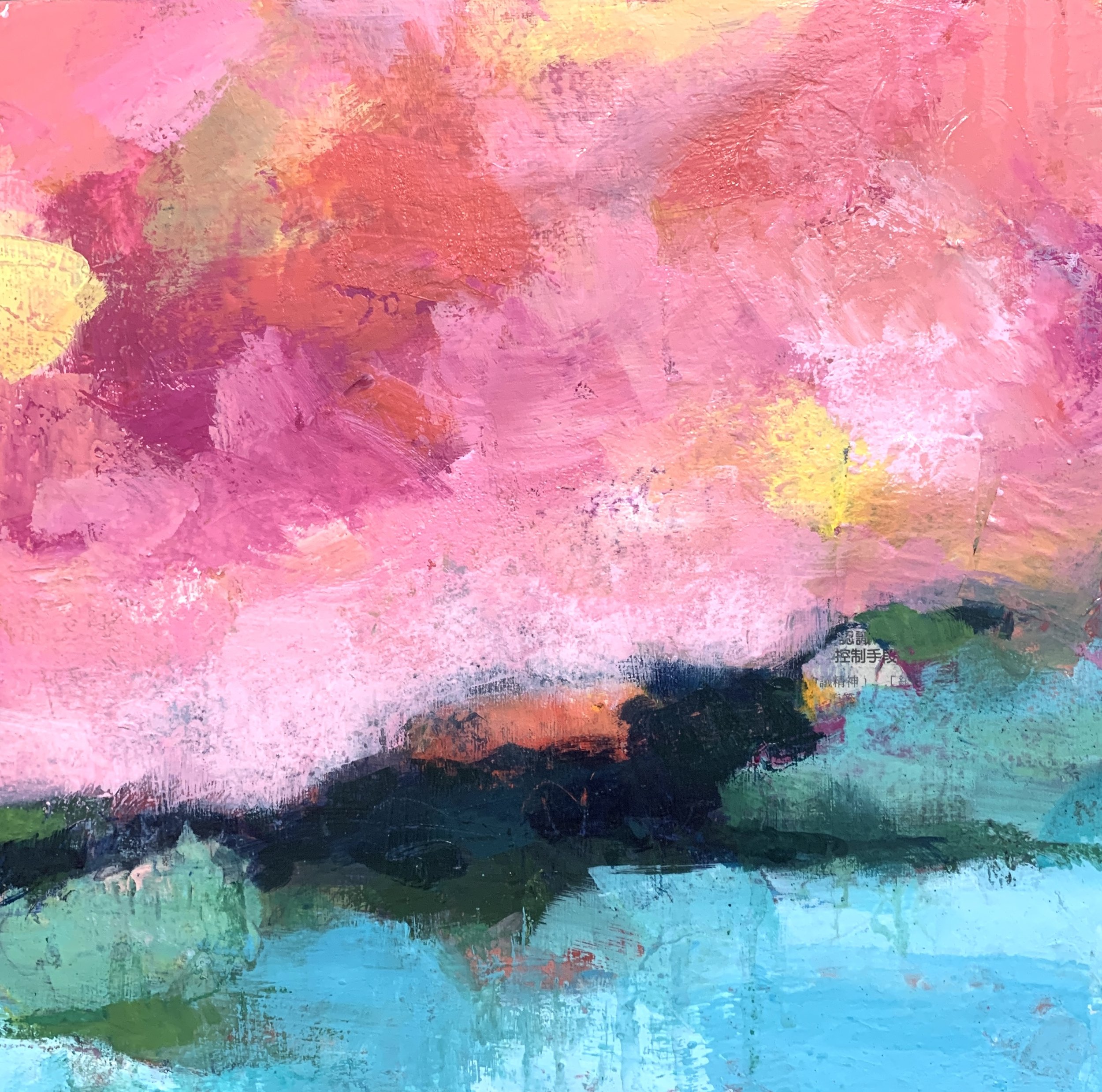 "Little House Pink Sky", 10"x10"x.75, Acrylic, collage and mixed media.