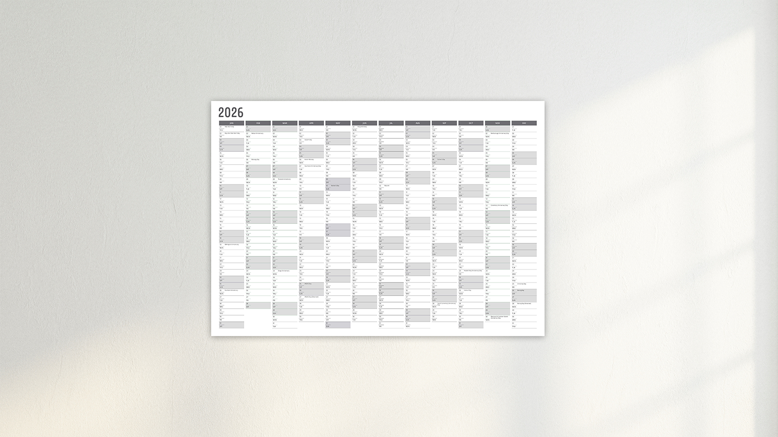 A 2026 calendar on a wall