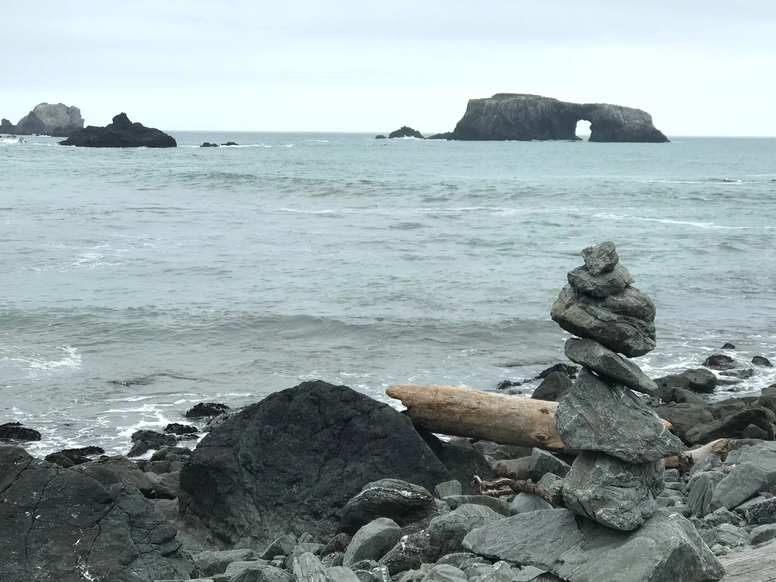 Picture of a standing rock tower at Goat Rock beach. Rock formations, including Goat Rock, and the ocean can be seen in the background.