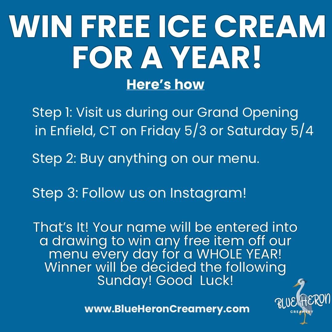 🚨 BREAKING: BLUE HERON CREAMERY IS GIVING AWAY FREE ICE CREAM FOR A WHOLE YEAR 😳🍦 

That&rsquo;s right! We are picking one lucky guest in Enfield THIS WEEKEND to win FREE ICE CREAM for a YEAR! That means the winner can pick ANYTHING off our menu, 