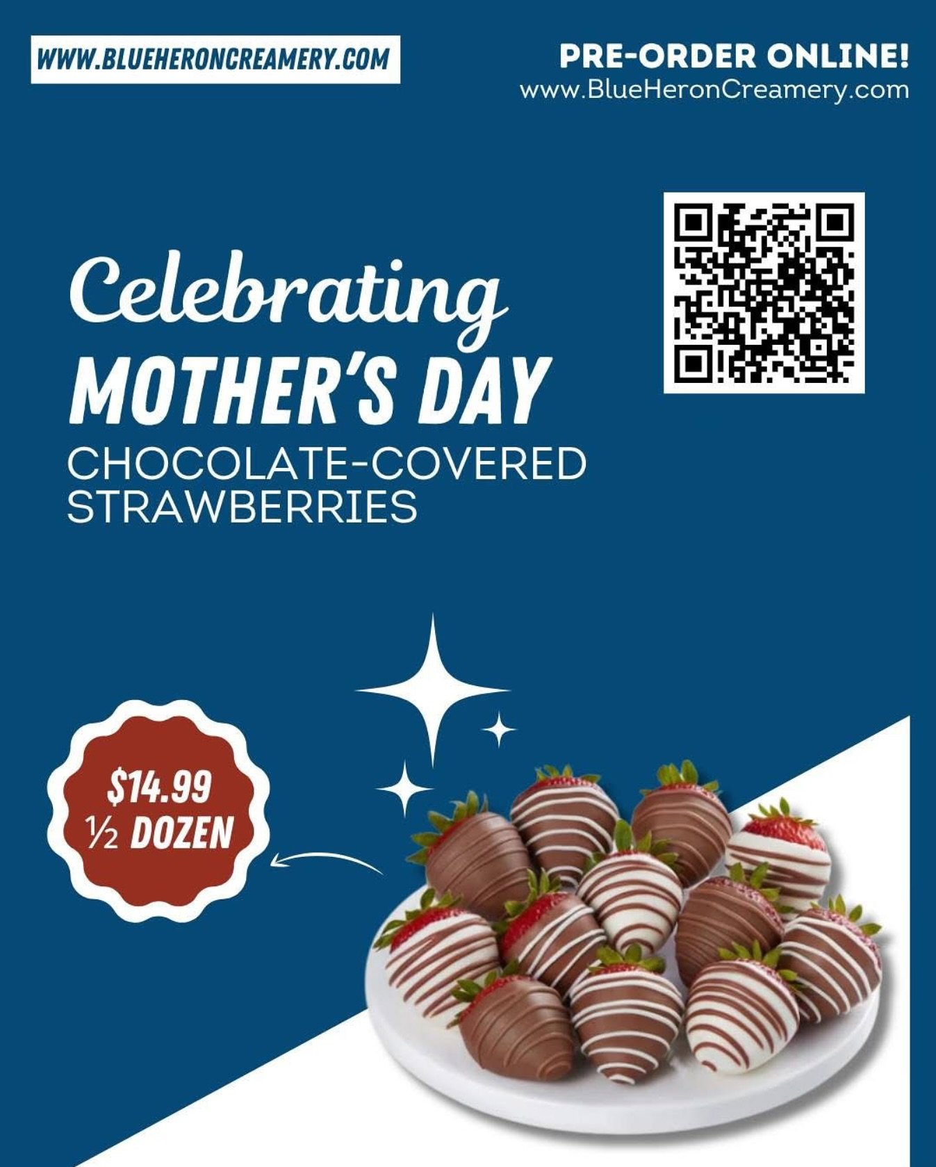 We&rsquo;re celebrating Moms this year with special Hand-Dipped Chocolate Covered Strawberries! 🍓

We are  taking pre-orders now via our website www.BlueHeronCreamery.com and all orders will be available for pick-up Saturday 5/10 and Sunday 5/11 dur