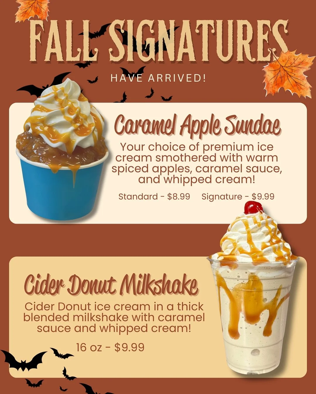 Our Autumn specials have arrived! 🍂 

🍎Caramel Apple Sundae - Your choice of premium ice cream (we recommend vanilla for a classic experience!) smothered in spiced apples and caramel sauce, topped with whipped cream and a caramel drizzle! 

🍏 Cide