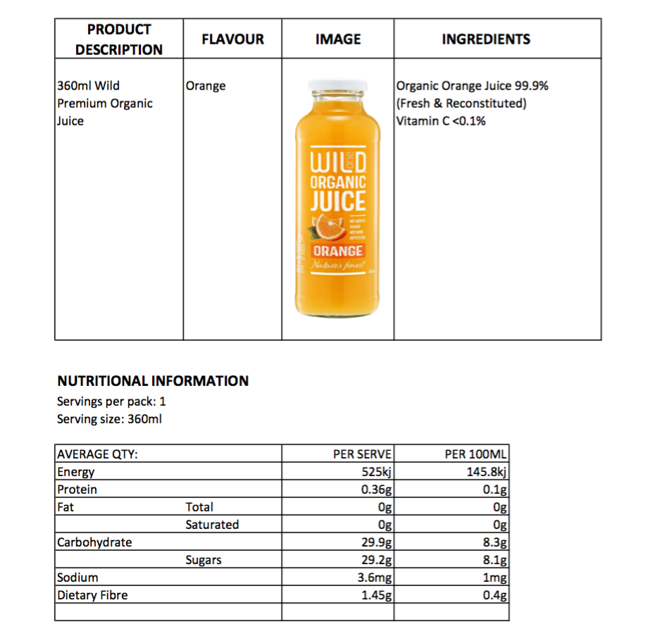 Organic orange juice 12 x 360ml wild one beverages