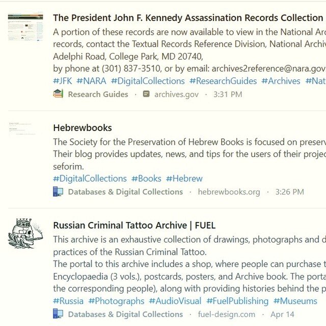 Newest additions to the Raindrop.io collections, found in the &quot;Research Guides&quot; and &quot;Databases &amp; Digital Collections&quot; folders. 📚✨
📚 #nationalarchives JFK Assassination Records Collection
📚#hebrewbooks catalog -- I don't spe