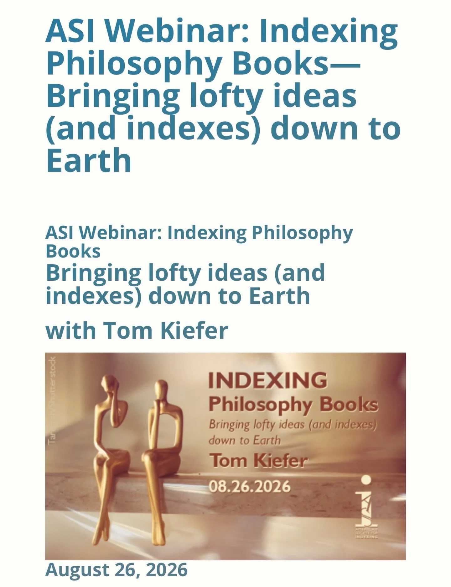 One of the many benefits of @asindexing membership is getting discounted rates on webinars and other online learning opportunities.✨

I&rsquo;m looking forward to this session on indexing philosophy books.📚✨

#professionaldevelopment #indexingbooks 