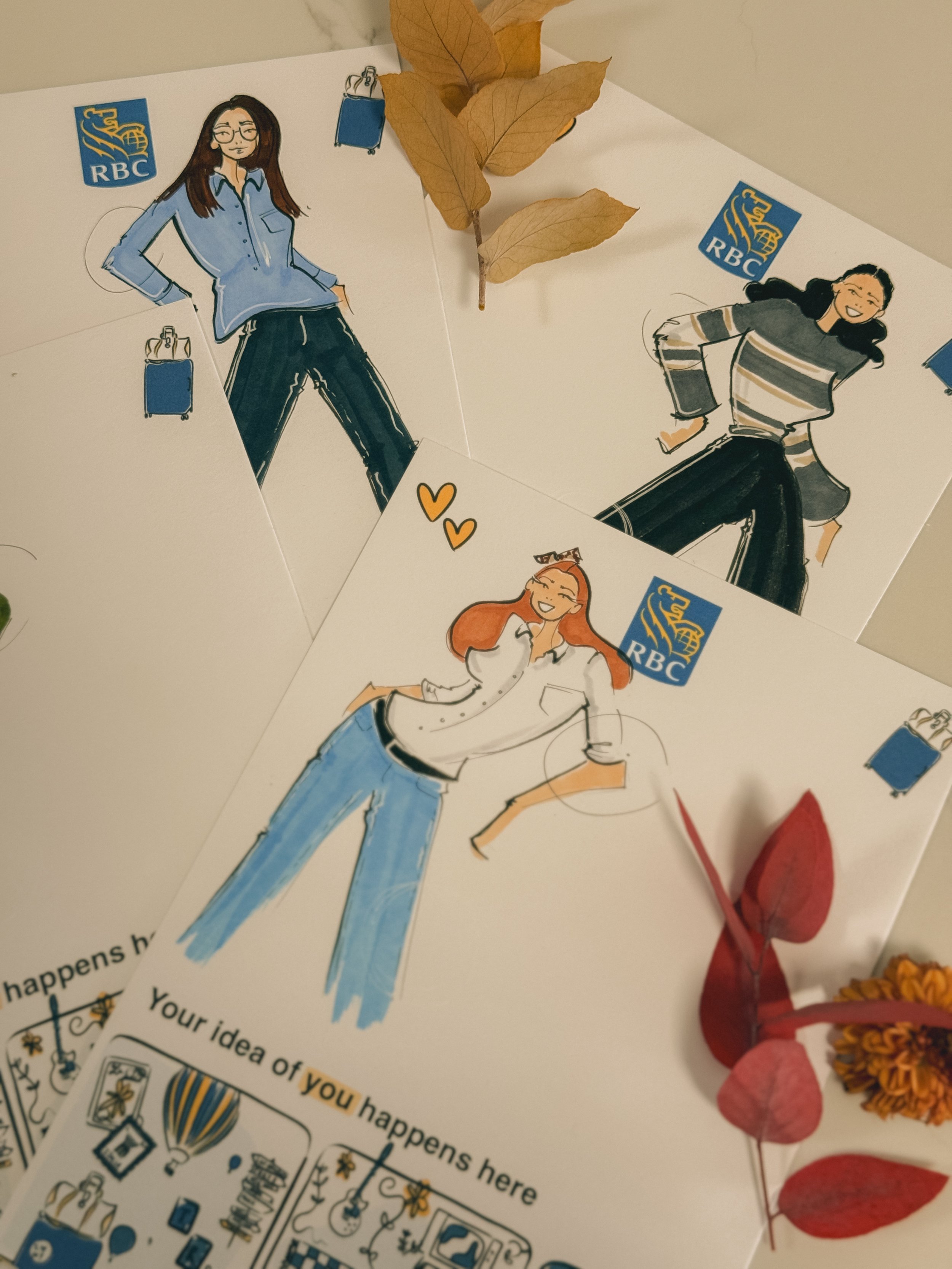 Three illustrated female characters with RBC logos, surrounded by autumn leaves and flowers.