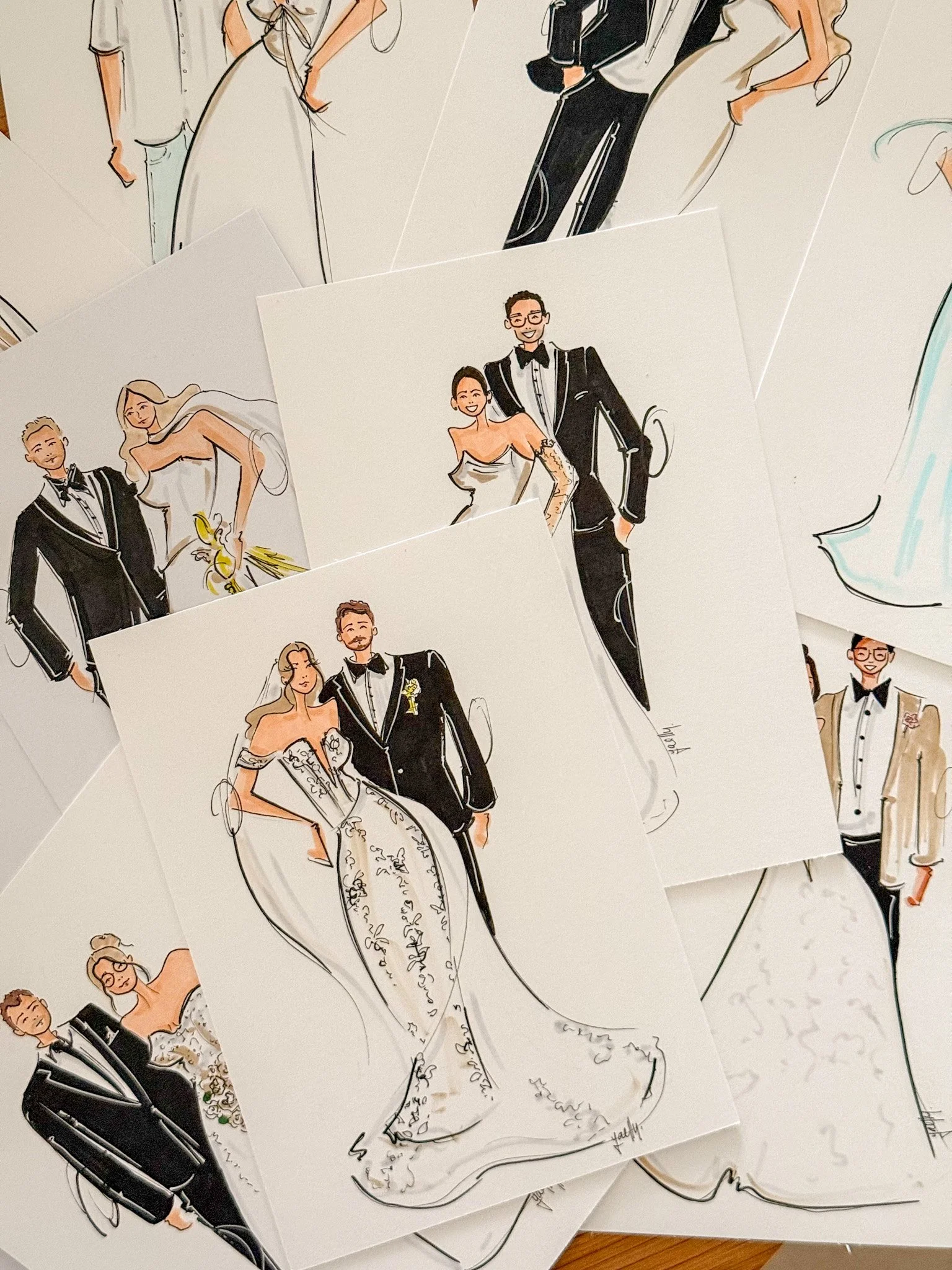 Collection of illustrated wedding portraits featuring couples in wedding attire.