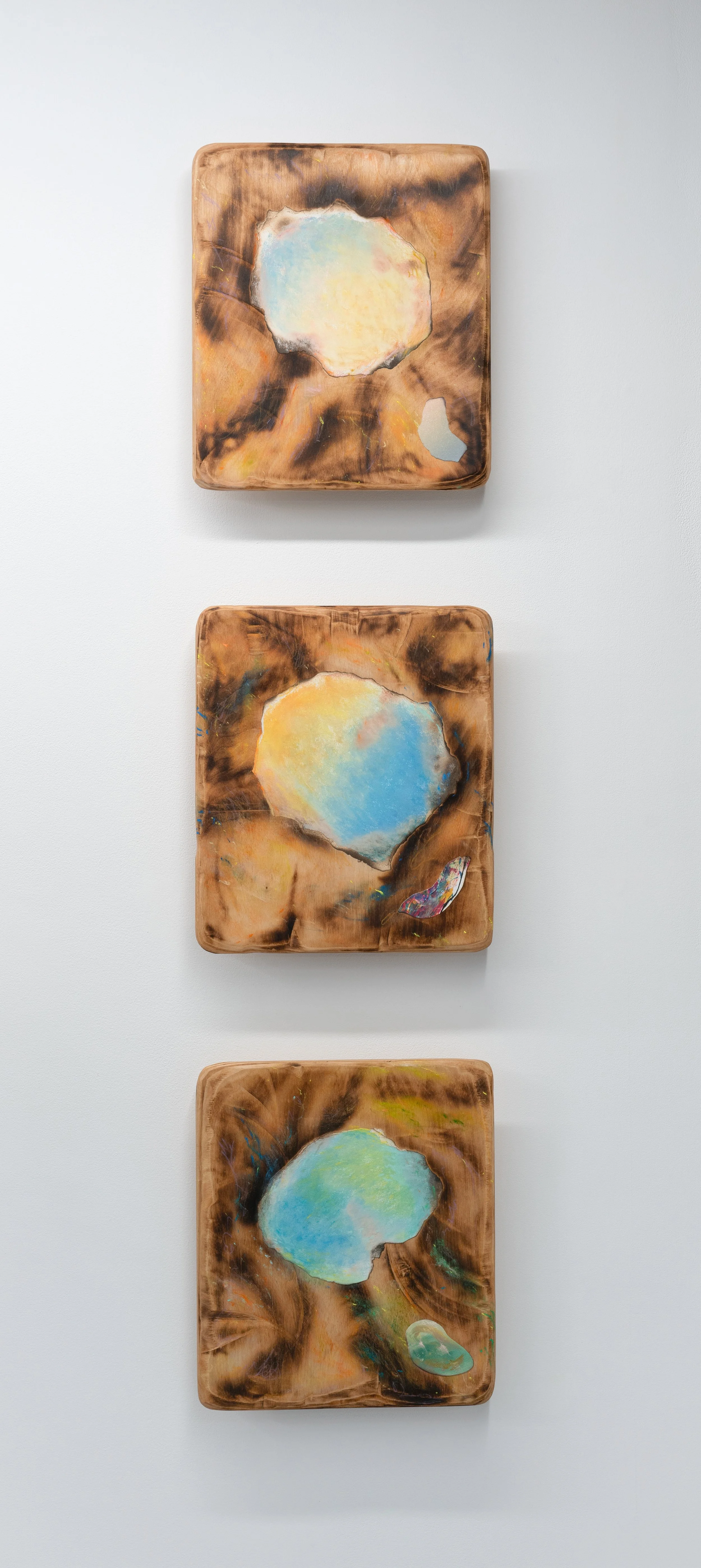 Electrocatalysis - collage (pastel, monotype) and woodburning on panel - 11 x 14”