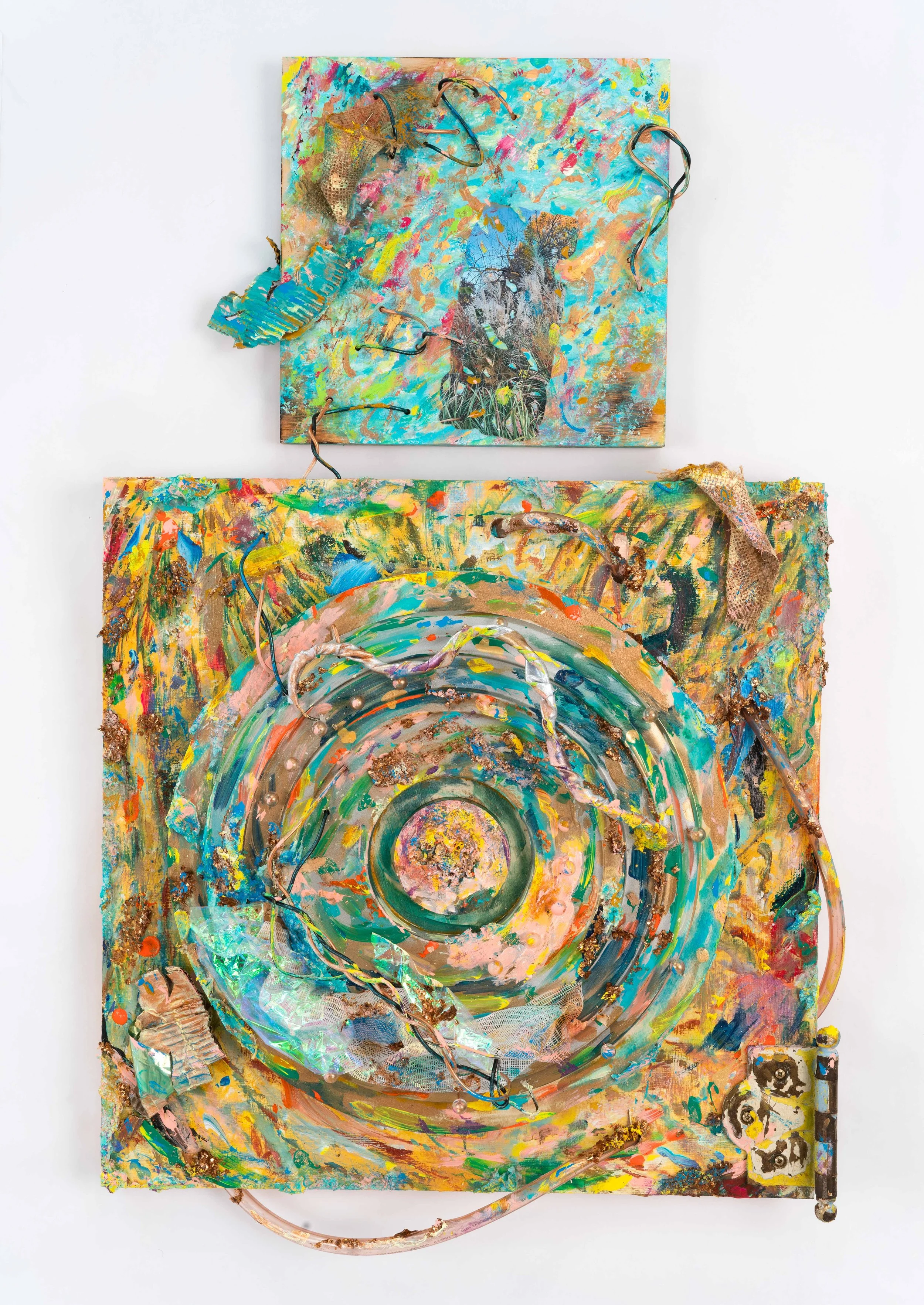 Synthetic Forest (Collaboration with Damián López-de Jesús - Bio-based and standard acrylic paint, sound installation, assemblage (salvaged wires,  burlap, foam, polyester, cardboard, vinyl, door hinge, photo, mica flakes, wood burning) on two panels