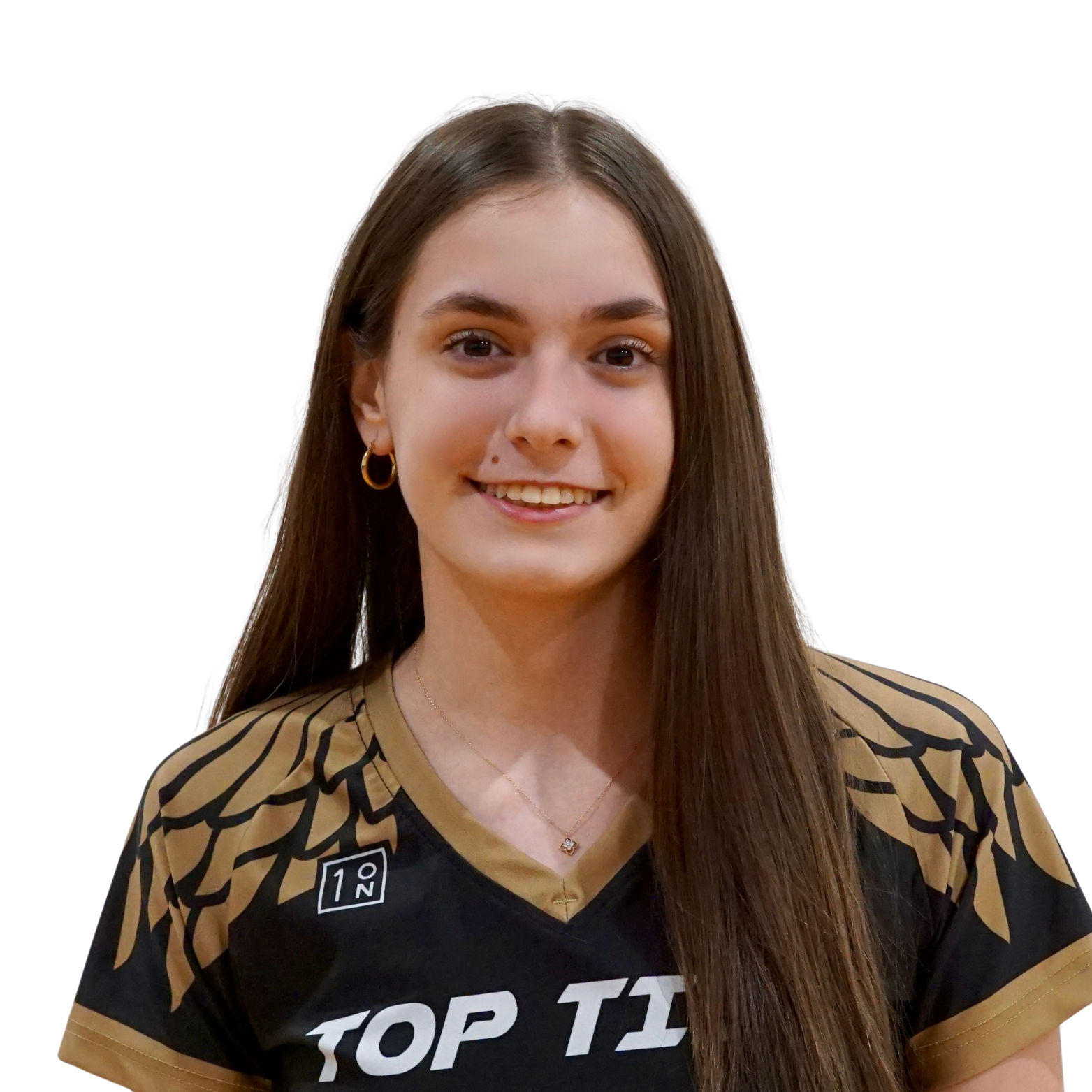 A young woman with long brown hair, smiling, wearing gold hoop earrings, a delicate necklace, and a black and gold sports jersey with the words 'TOP TIER' on it.
