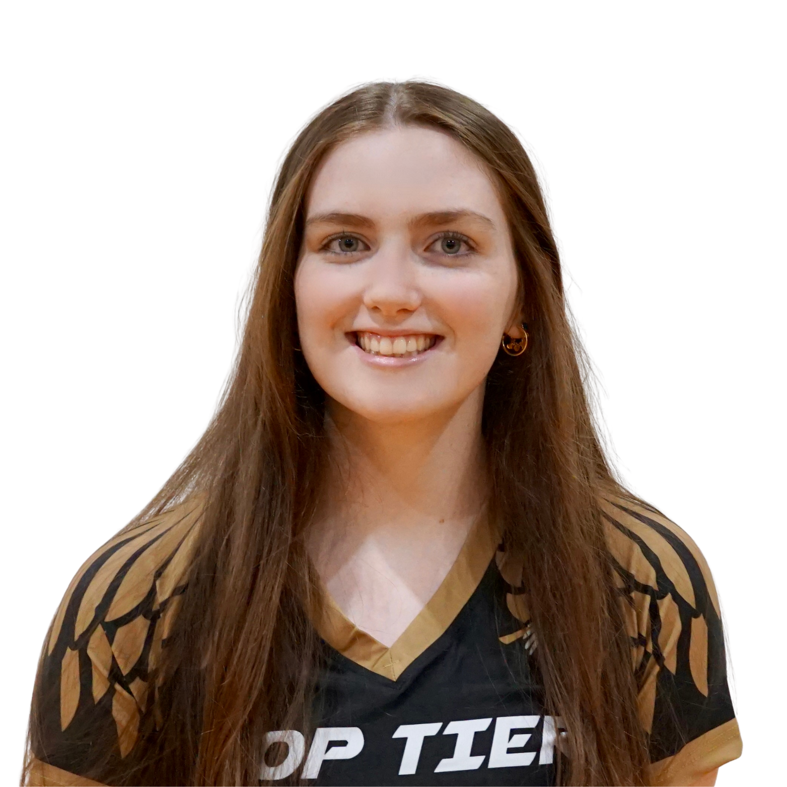 Young woman smiling, wearing a black and gold sports jersey with the words 'Top Tier' on it, and gold hoop earrings, with long brown hair and clear skin.