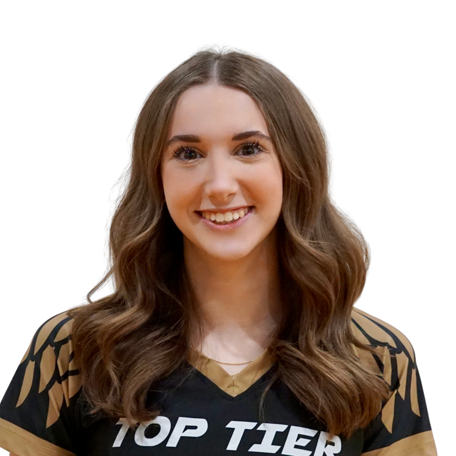 Young woman with long wavy brown hair smiling, wearing a black jersey with gold accents and the words 'Top Tier' on it.