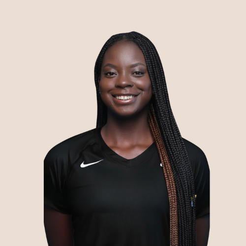 Portrait of a smiling woman with long braided hair wearing a blue sports jersey with the text 'HOFSTR' and the number 18, against a dark background.