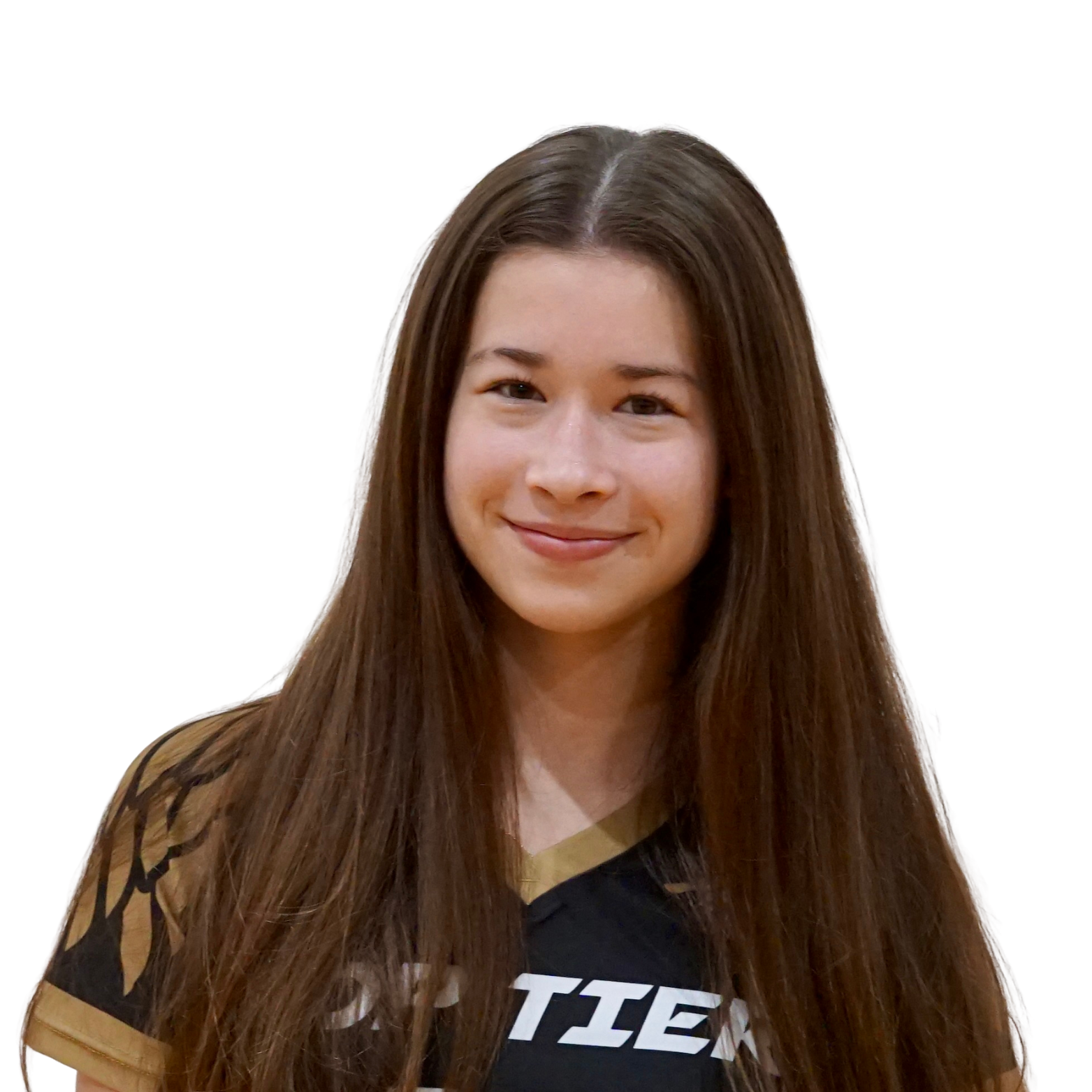 A young woman with long brown hair wearing a black and gold sports jersey, smiling at the camera.