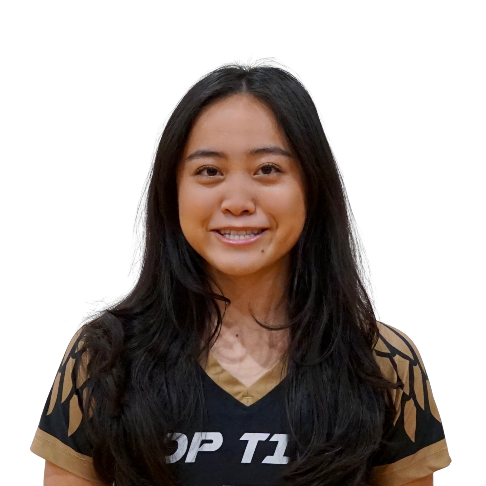 A young woman with long black hair smiling at the camera, wearing a black sports jersey with brown and black patterned sleeves, and a beige collar, against a white background.