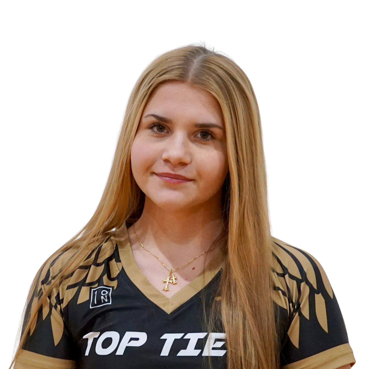 Young woman with long, straight blonde hair wearing a black and gold sports jersey and a gold necklace with a letter A pendant.