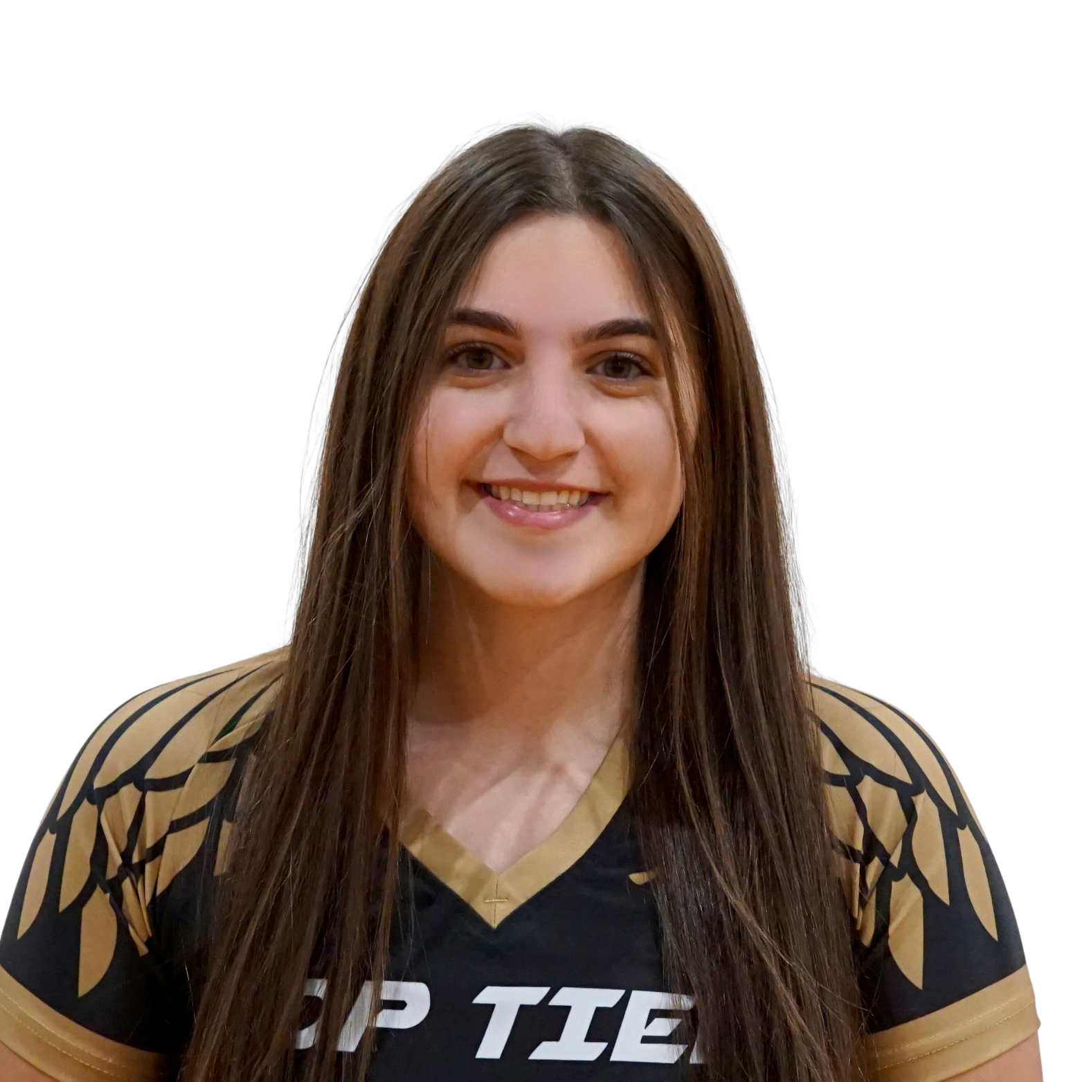 A young woman with long brown hair and light skin, smiling, wearing a black and gold sports jersey with the text 'ROP THE' on it.