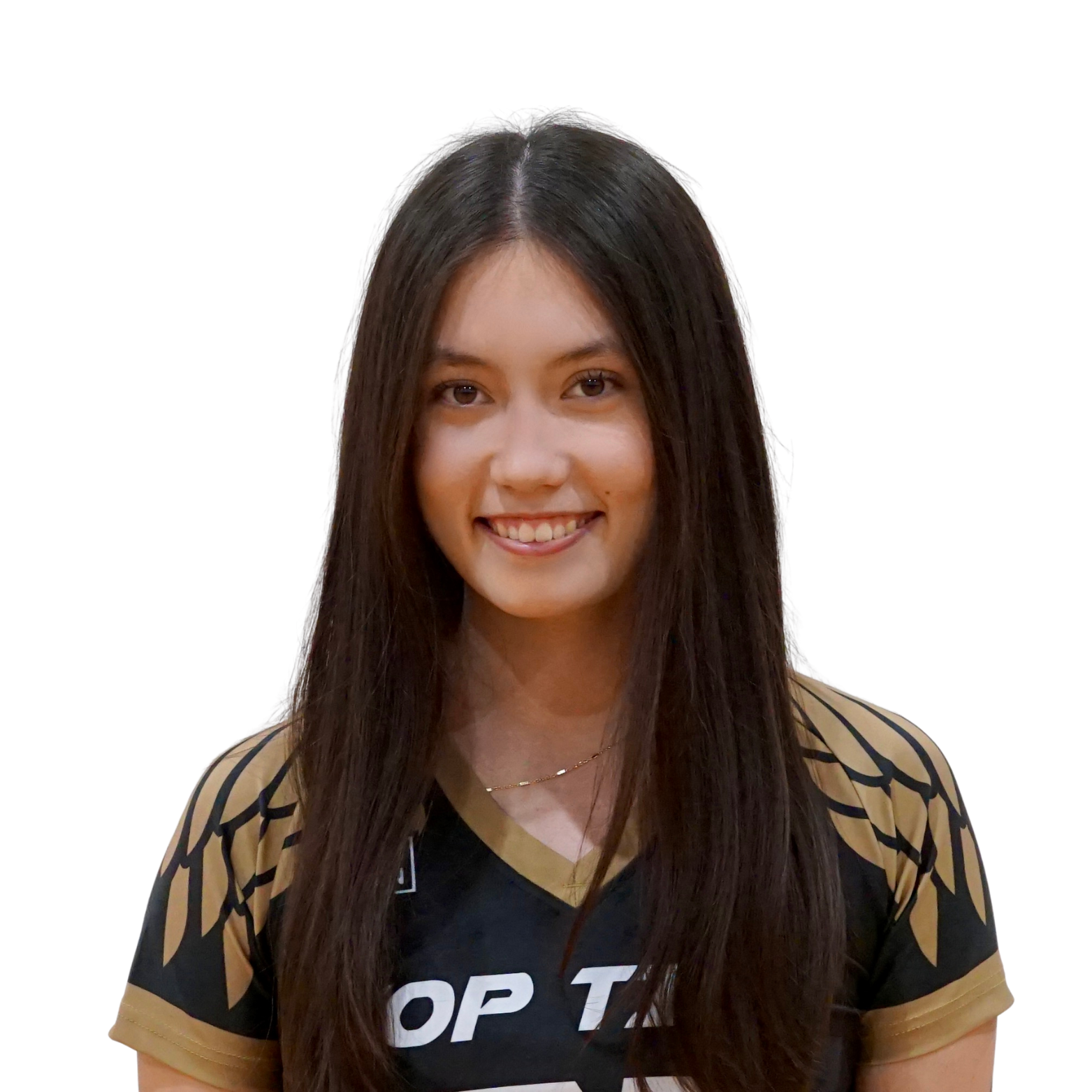 Portrait of a young woman with long dark hair, smiling, wearing a black and gold sports jersey with the text "OP T" visible, standing against a plain white background.