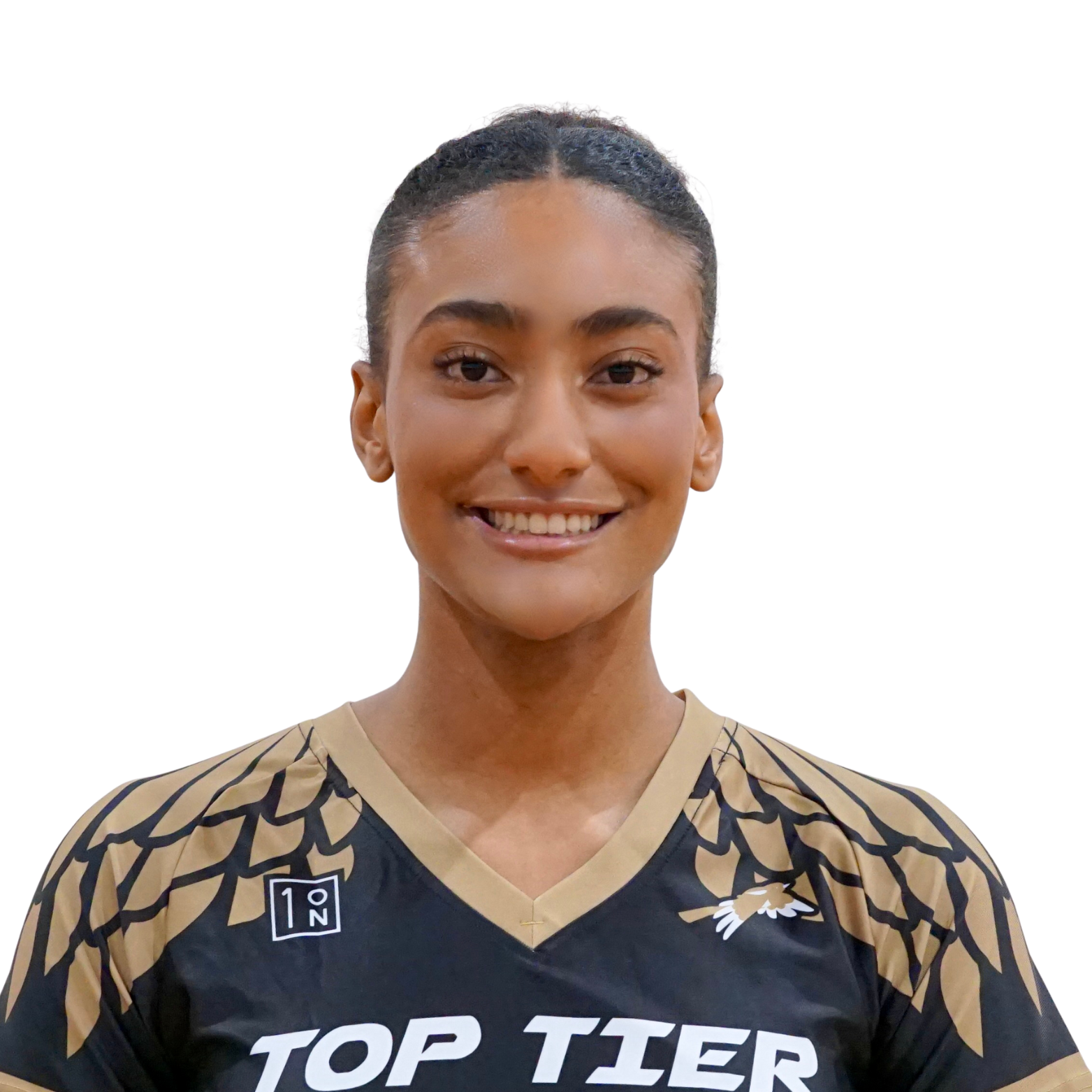A woman with dark hair tied back, smiling, wearing a black and gold sports jersey with 'TOP TIER' written on it.