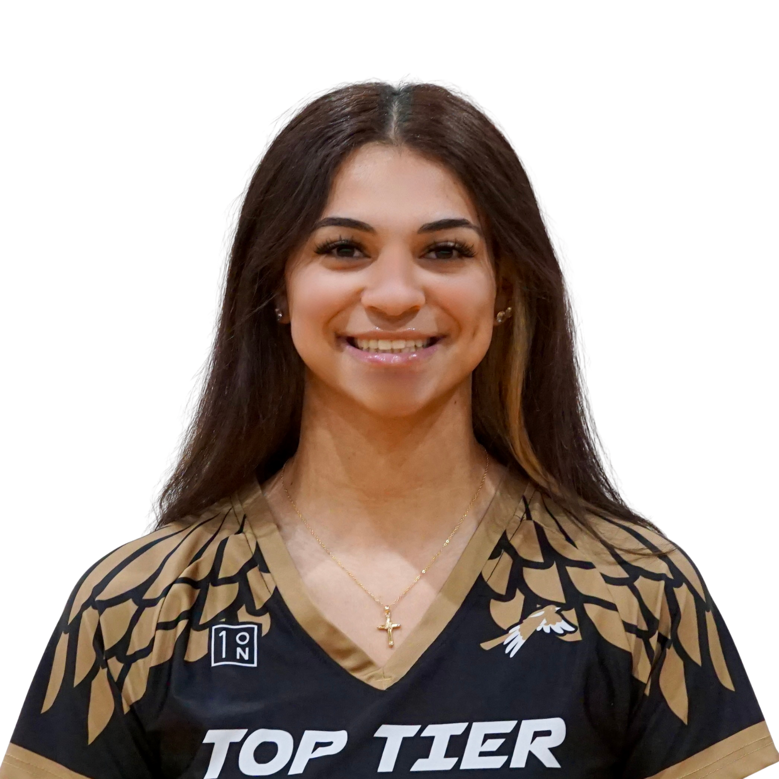 Smiling woman with long brown hair wearing a black and gold sports jersey with the words 'TOP TIER' and a logo, gold necklace, and earrings.