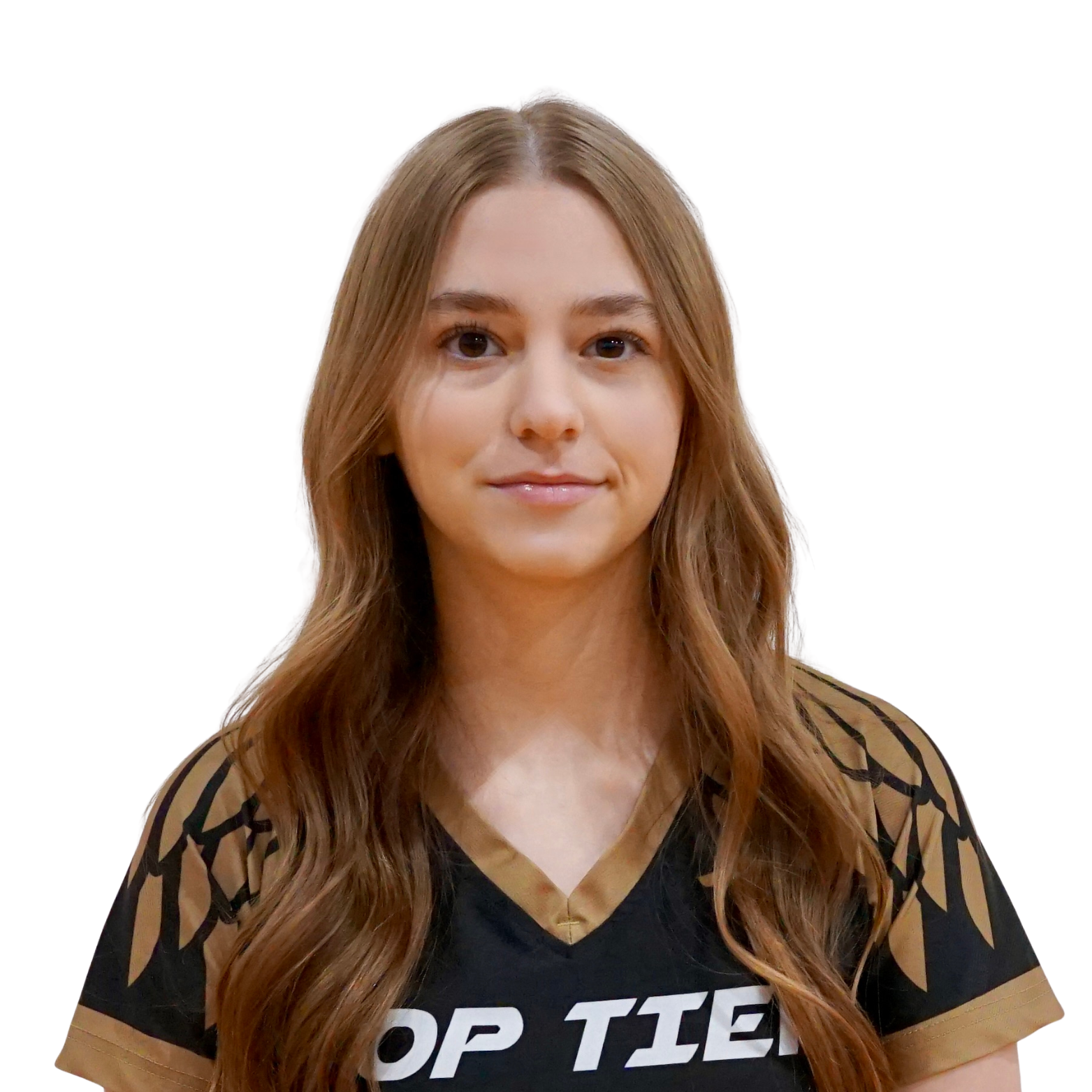 Young woman with long wavy brown hair wearing a black sports jersey with gold accents and 'TOP TIER' written on it, smiling subtly, against a plain white background.
