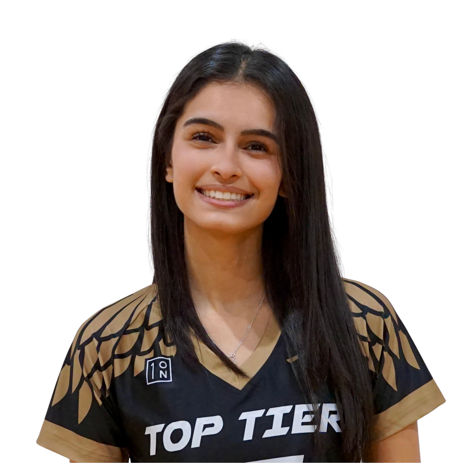 Smiling woman in a black and gold sports jersey with the text 'Top Tier' and a logo, long dark hair, wearing a necklace.