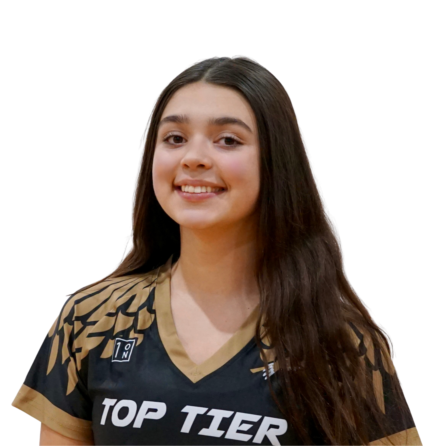 Young woman with long dark hair smiling, wearing a black and gold sports jersey with 'TOP TIER' written on it.